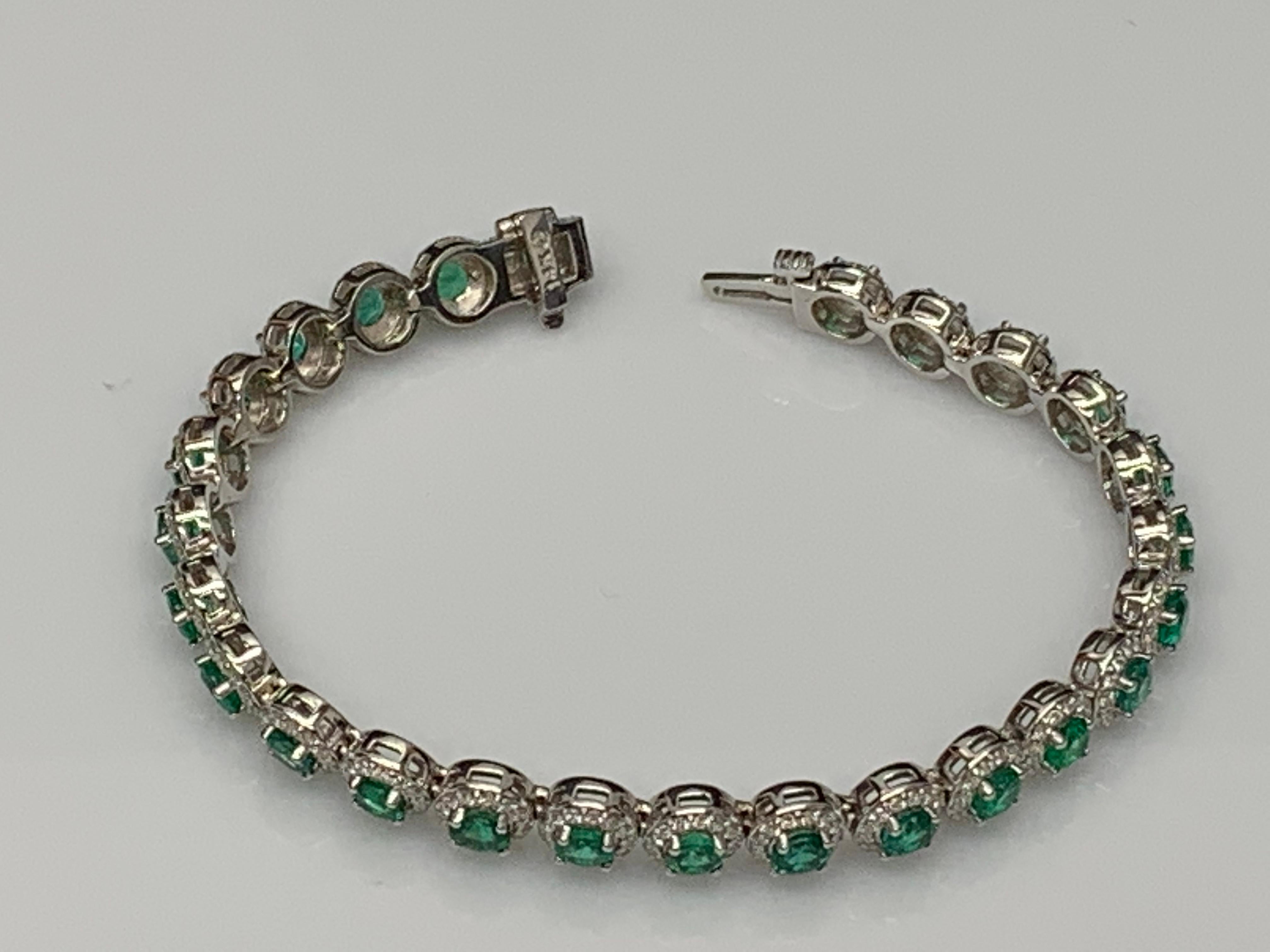 6.94 Carat Emerald and Diamond Halo Tennis Bracelet in 14k White Gold For Sale 3