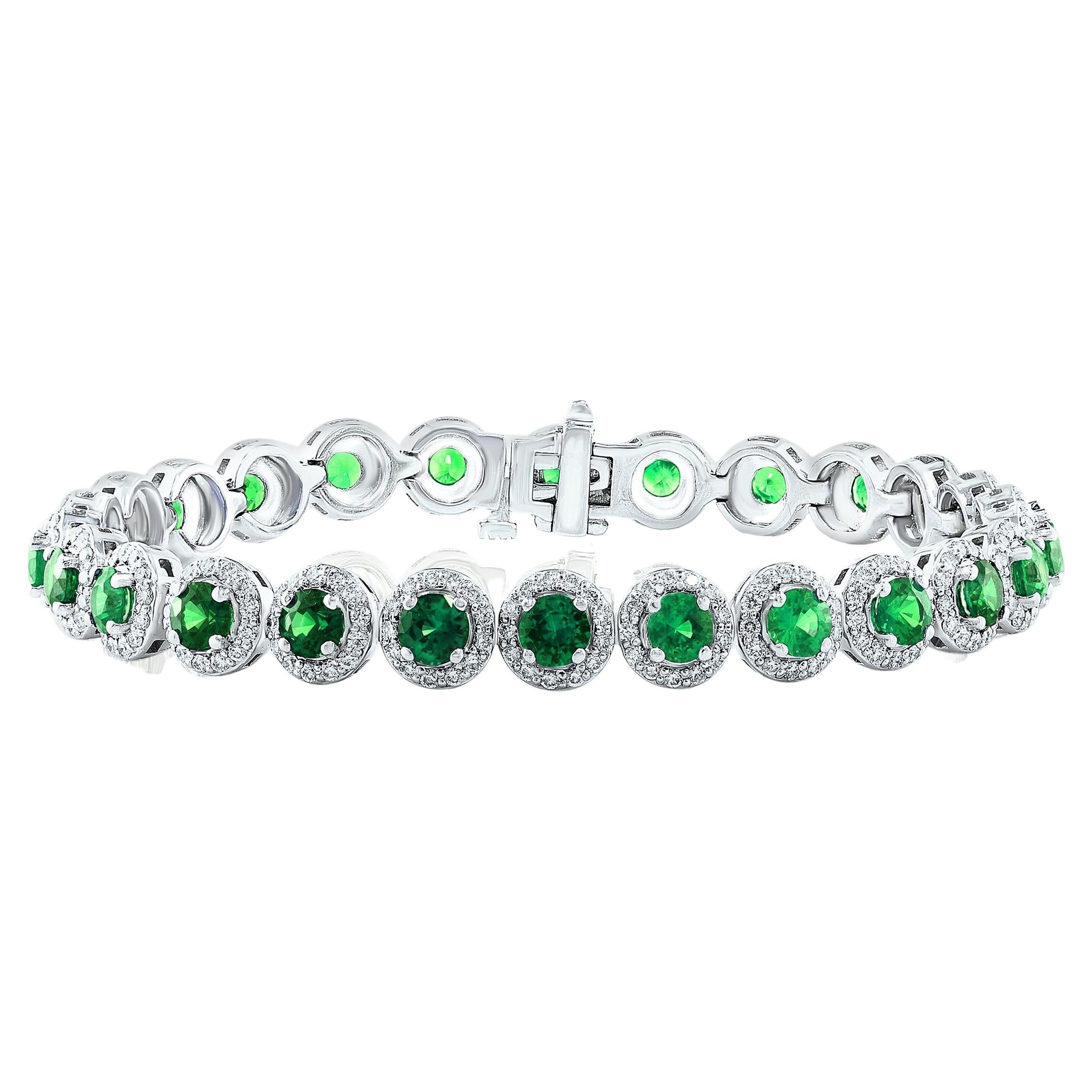 6.94 Carat Emerald and Diamond Halo Tennis Bracelet in 14k White Gold For Sale