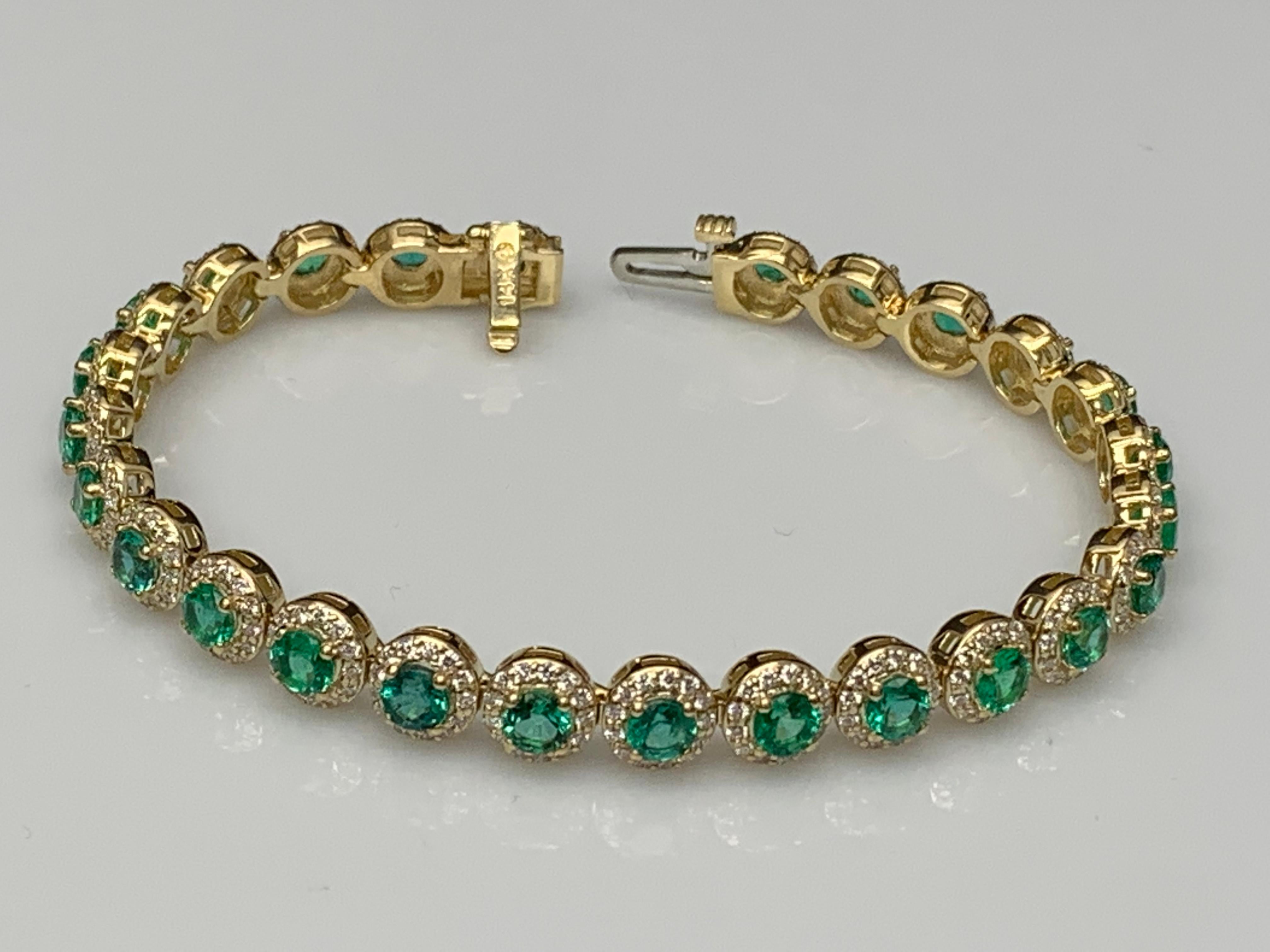 6.94 Carat Emerald and Diamond Halo Tennis Bracelet in 14k Yellow Gold For Sale 4