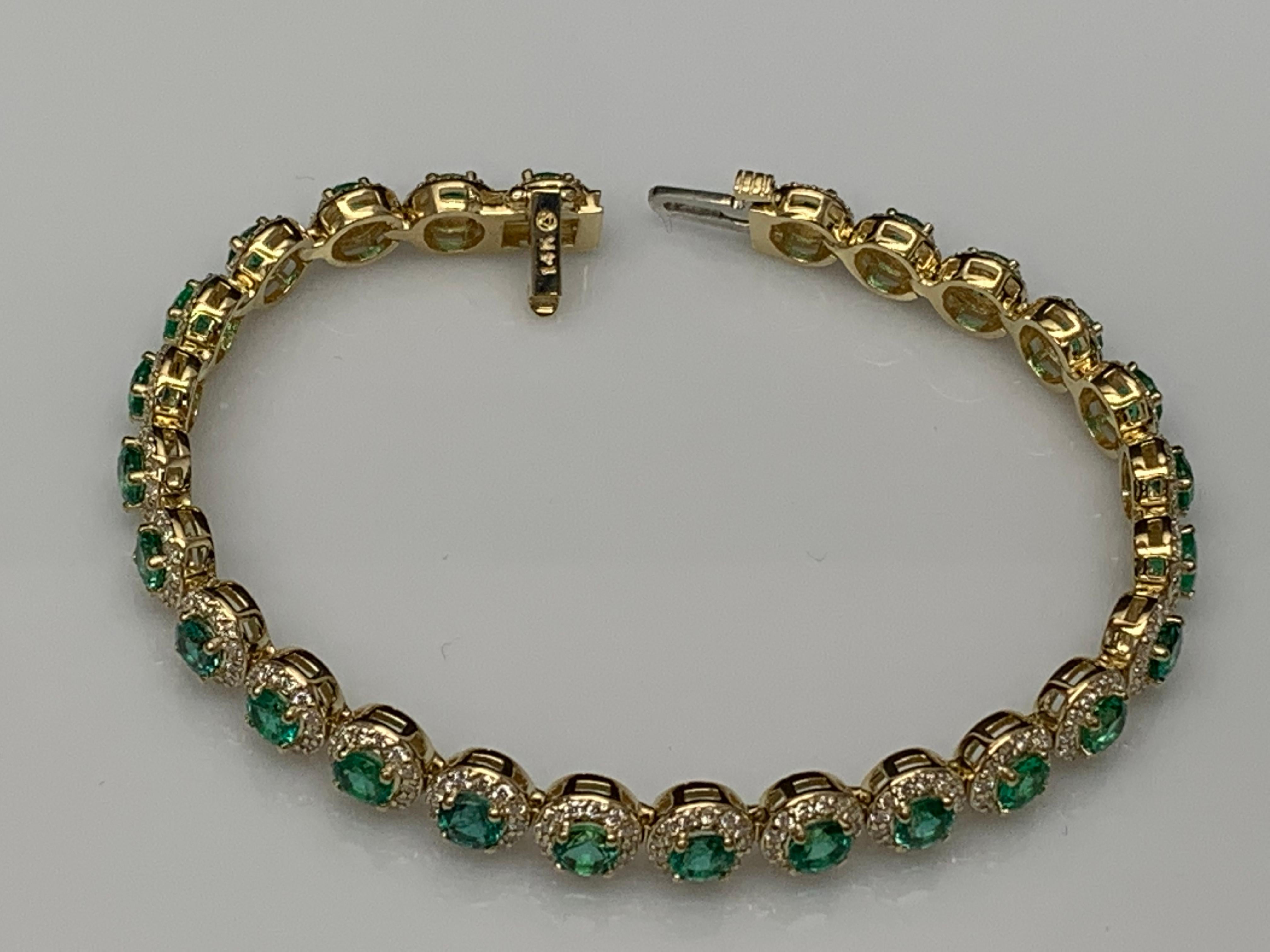 6.94 Carat Emerald and Diamond Halo Tennis Bracelet in 14k Yellow Gold For Sale 5