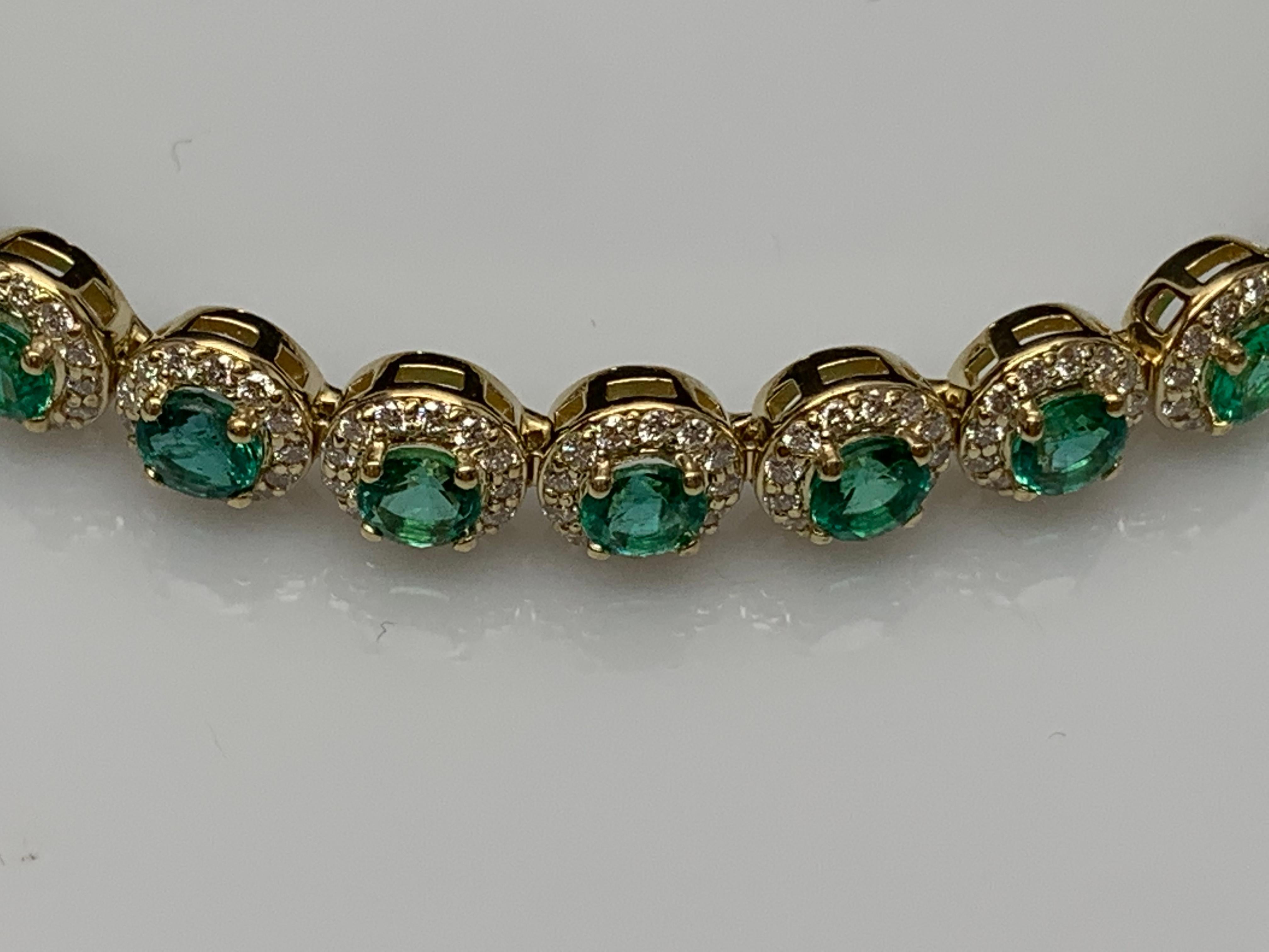 6.94 Carat Emerald and Diamond Halo Tennis Bracelet in 14k Yellow Gold For Sale 6