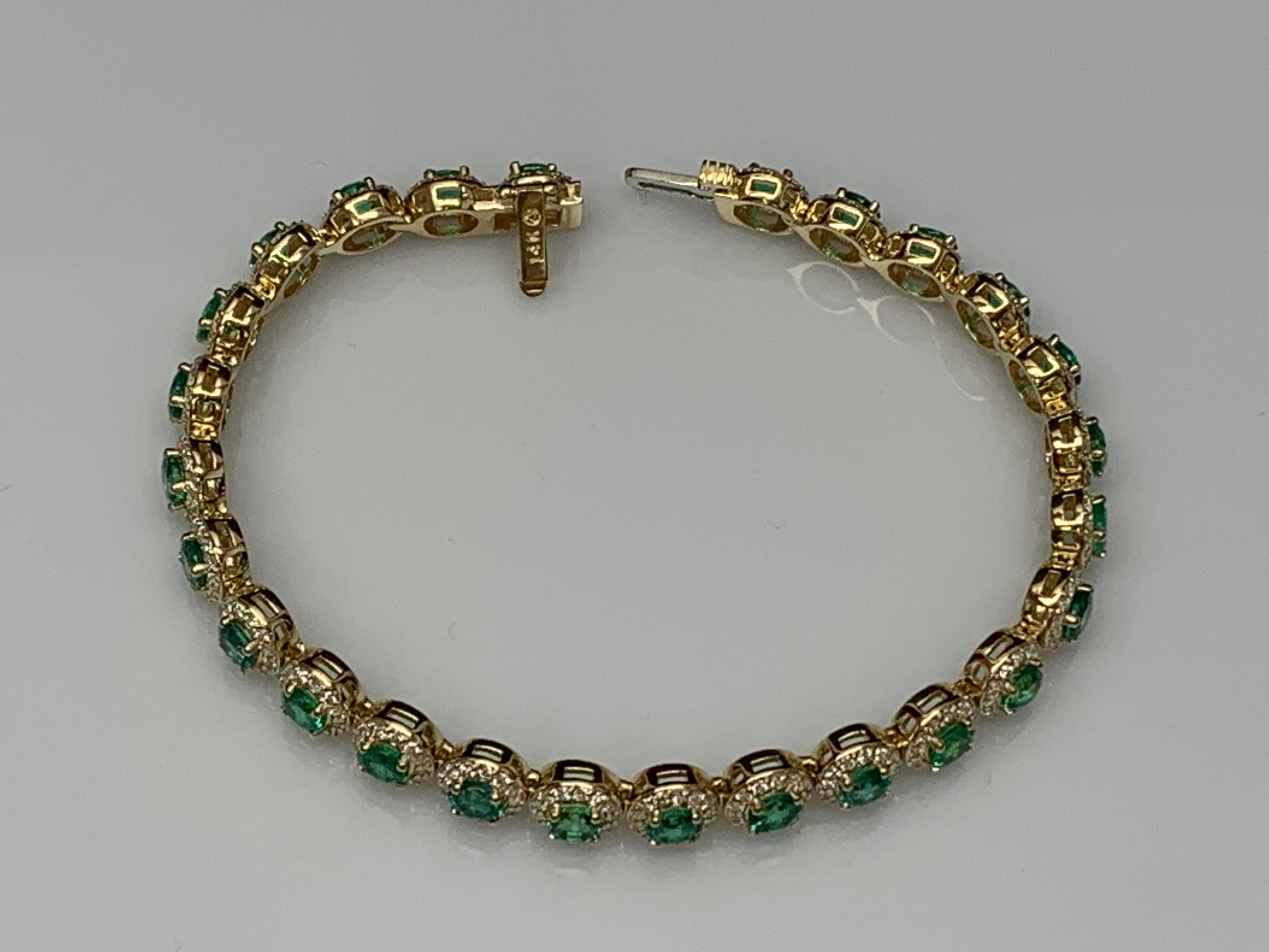 6.94 Carat Emerald and Diamond Halo Tennis Bracelet in 14k Yellow Gold For Sale 7