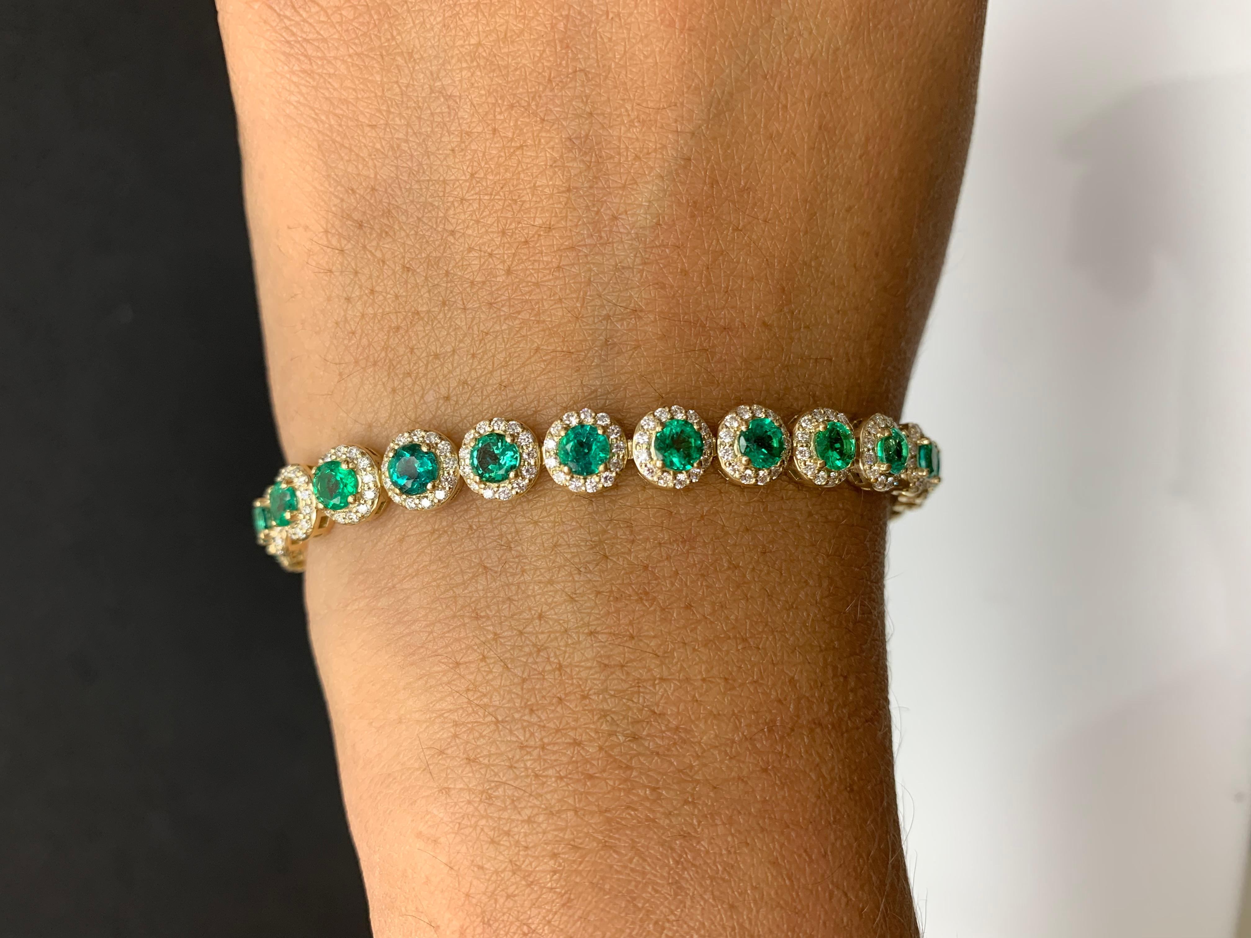 6.94 Carat Emerald and Diamond Halo Tennis Bracelet in 14k Yellow Gold For Sale 8
