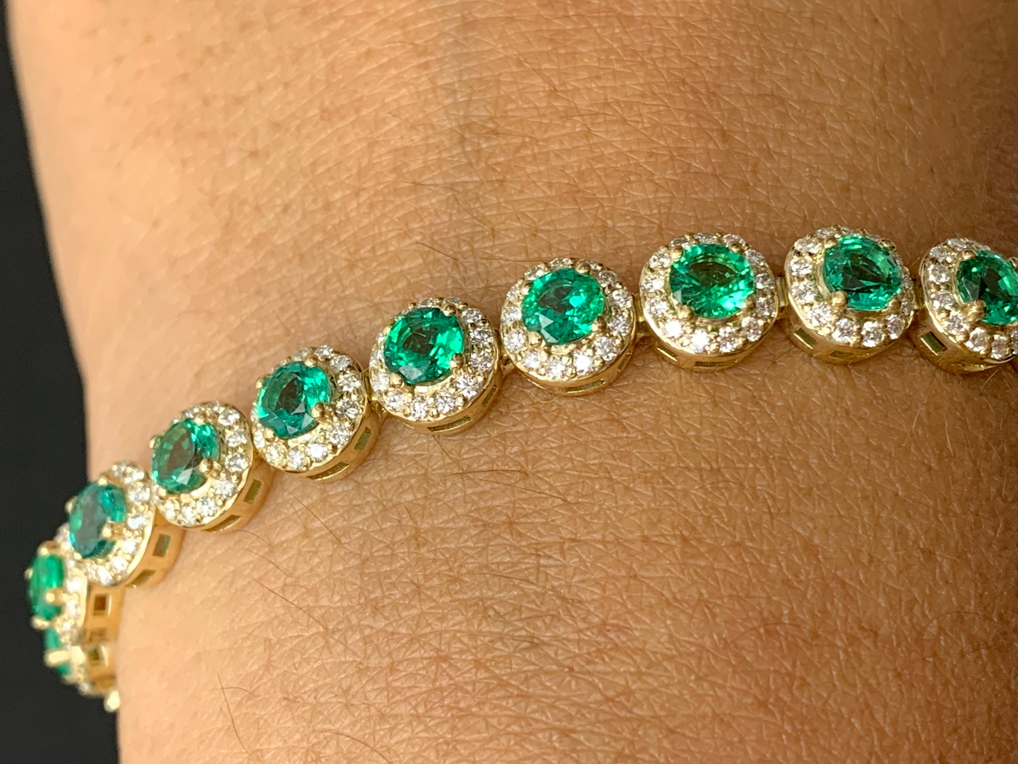 Contemporary 6.94 Carat Emerald and Diamond Halo Tennis Bracelet in 14k Yellow Gold For Sale
