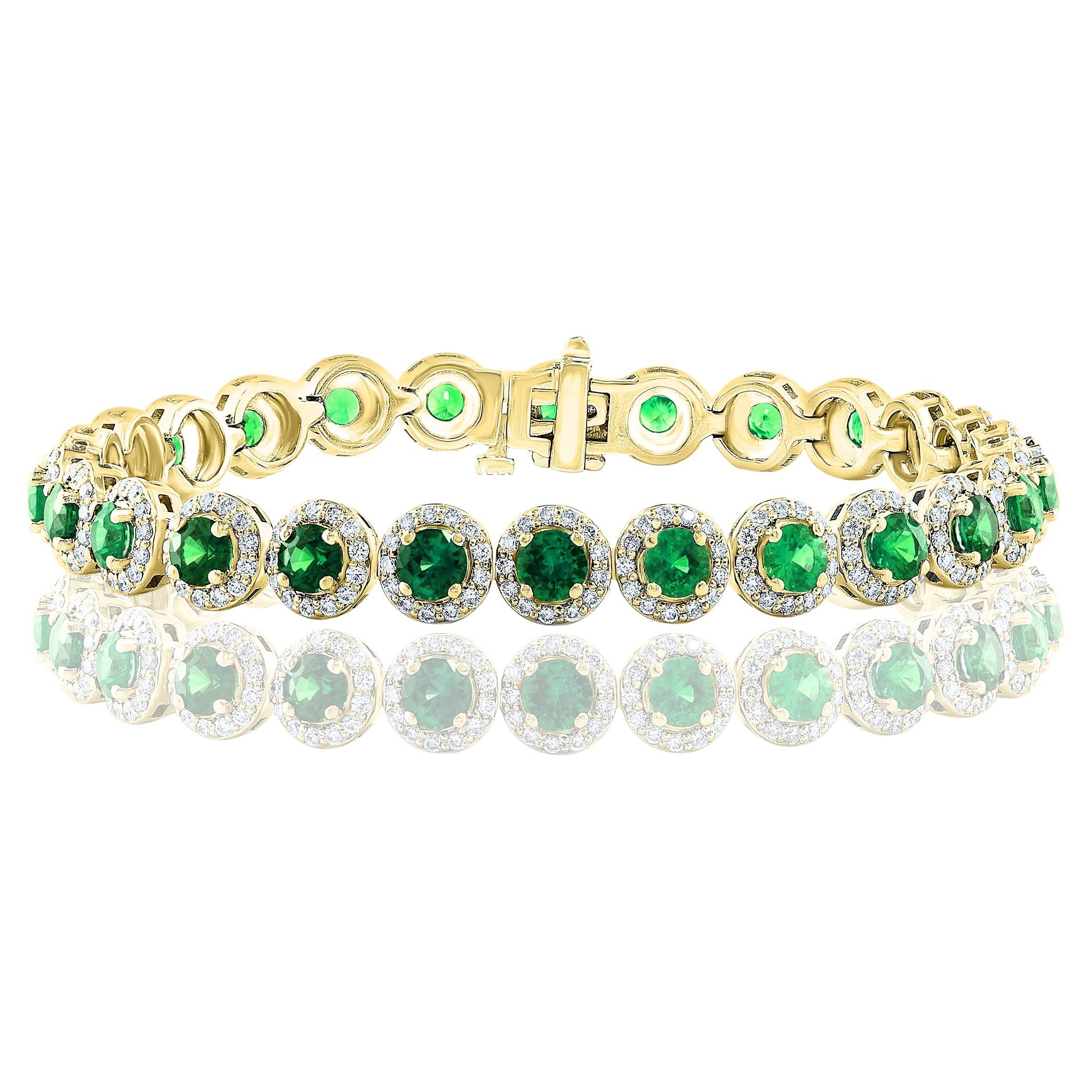 6.94 Carat Emerald and Diamond Halo Tennis Bracelet in 14k Yellow Gold For Sale