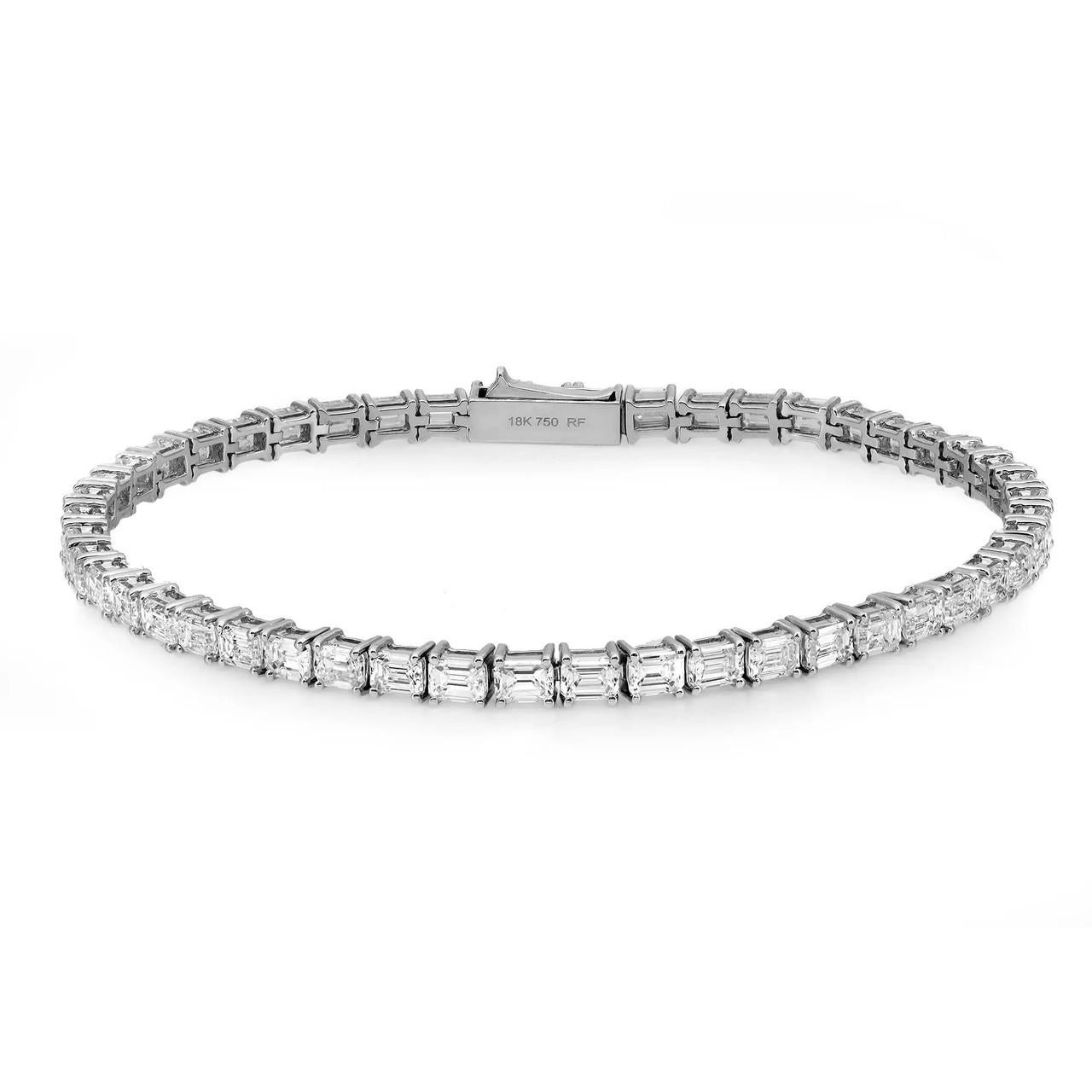 5.65 Carat Emerald Cut Diamond East-West Tennis Bracelet 18K White Gold In New Condition For Sale In New York, NY