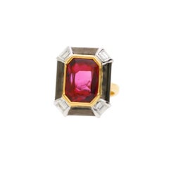 6.94 Carat Emerald Cut Ruby & Diamond 18K Black Bezel Gold Ring