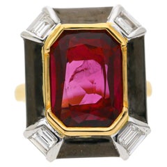 6.94 Carat Emerald Cut Ruby & Diamond 18K Black Bezel Gold Ring