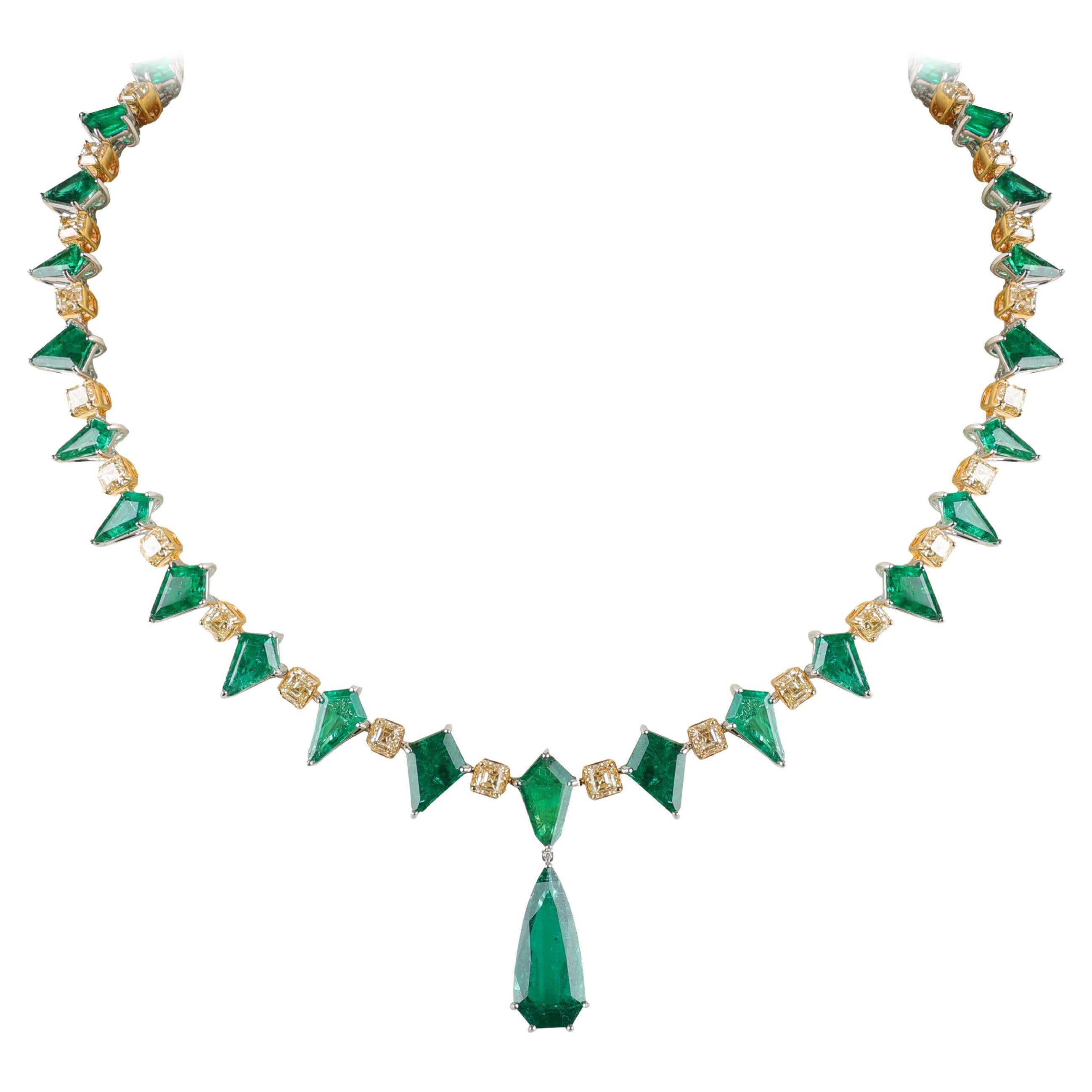 6.94 Carat Emerald Pear Drop on a Kite Emerald & Yellow Cushion Necklace