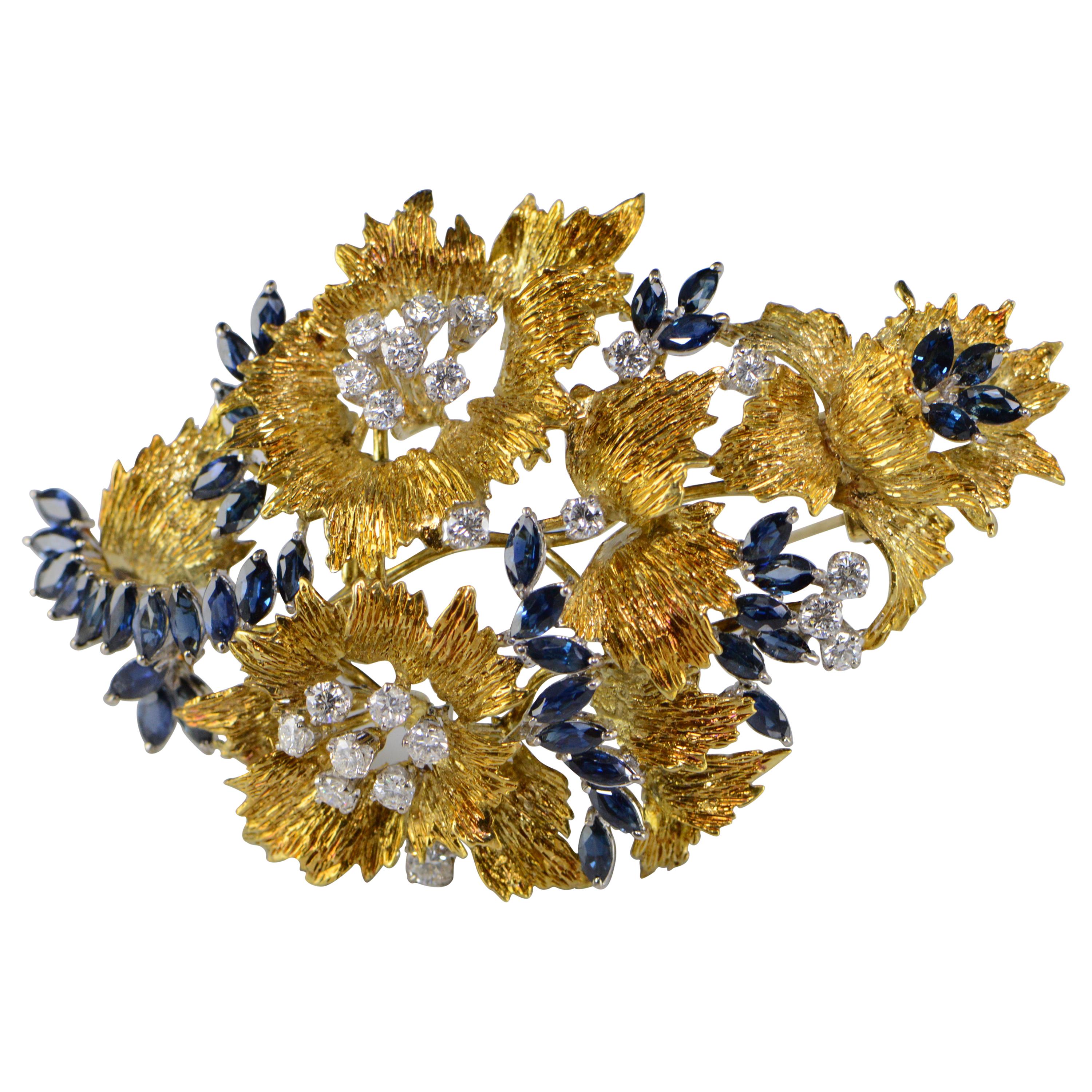 6.94 Carat Marquise Sapphire Diamond Floral Gold Pin/Brooch For Sale