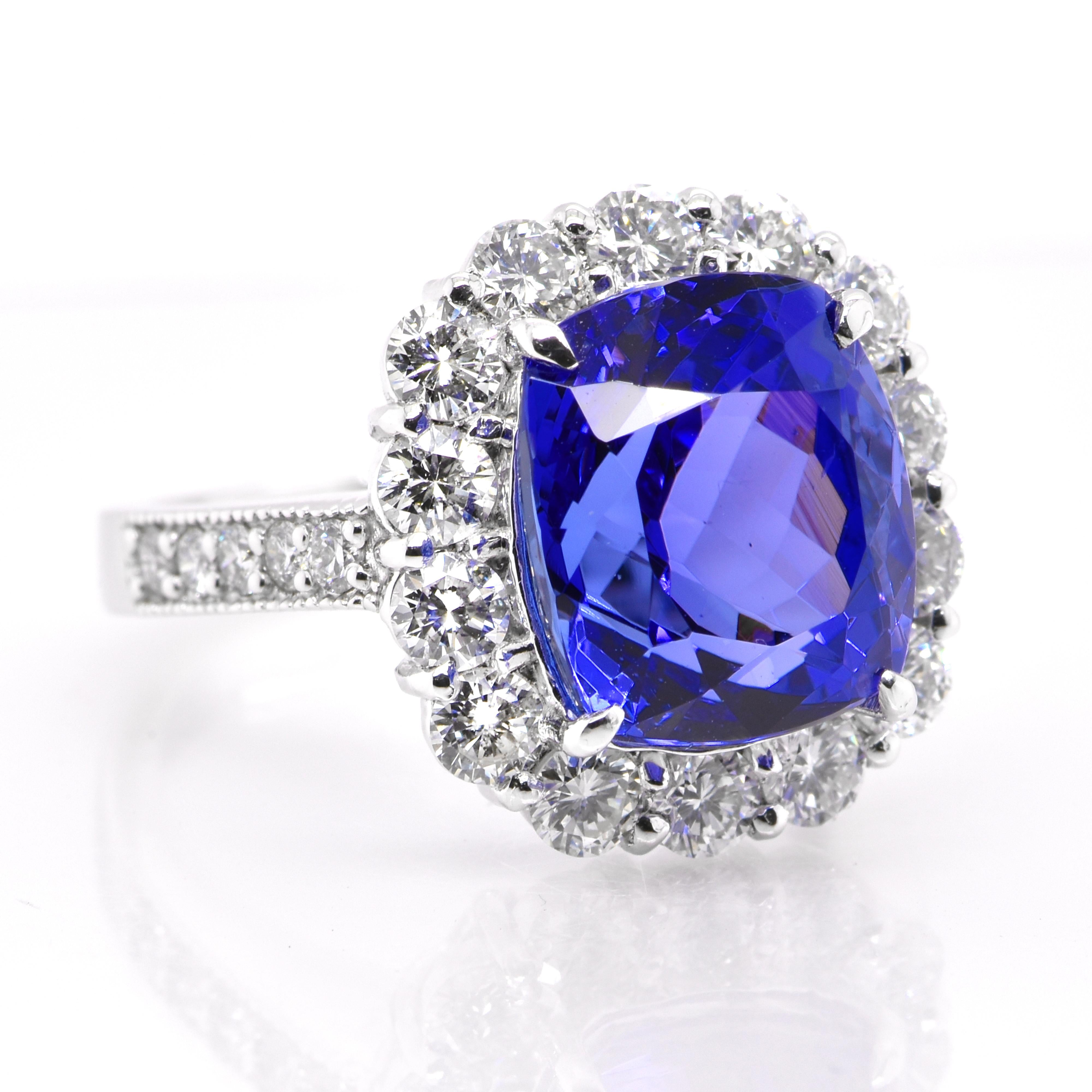 Modern 6.94 Carat Natural Cushion AAA+ Tanzanite and Diamond Ring Set in Platinum For Sale