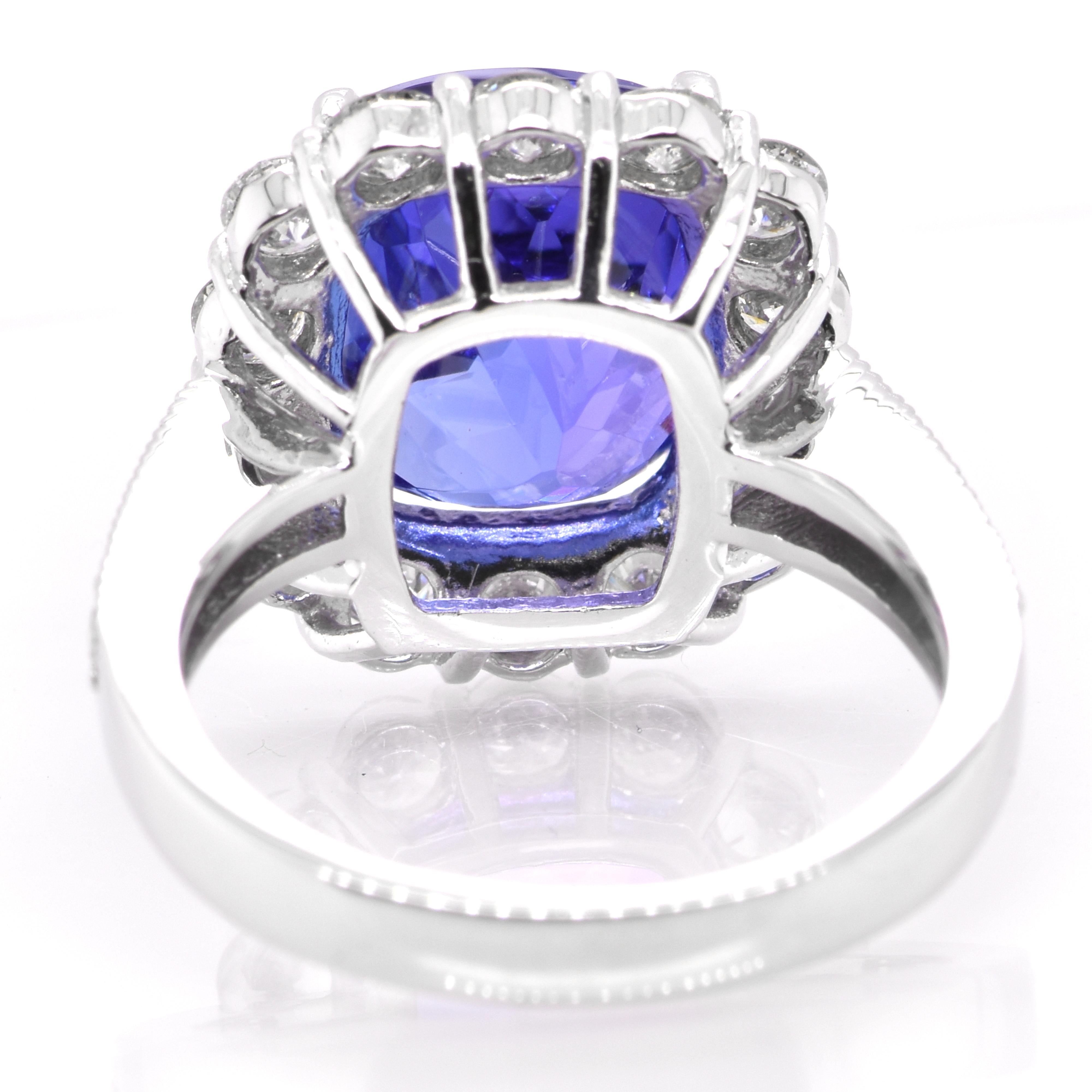 Women's 6.94 Carat Natural Cushion AAA+ Tanzanite and Diamond Ring Set in Platinum For Sale