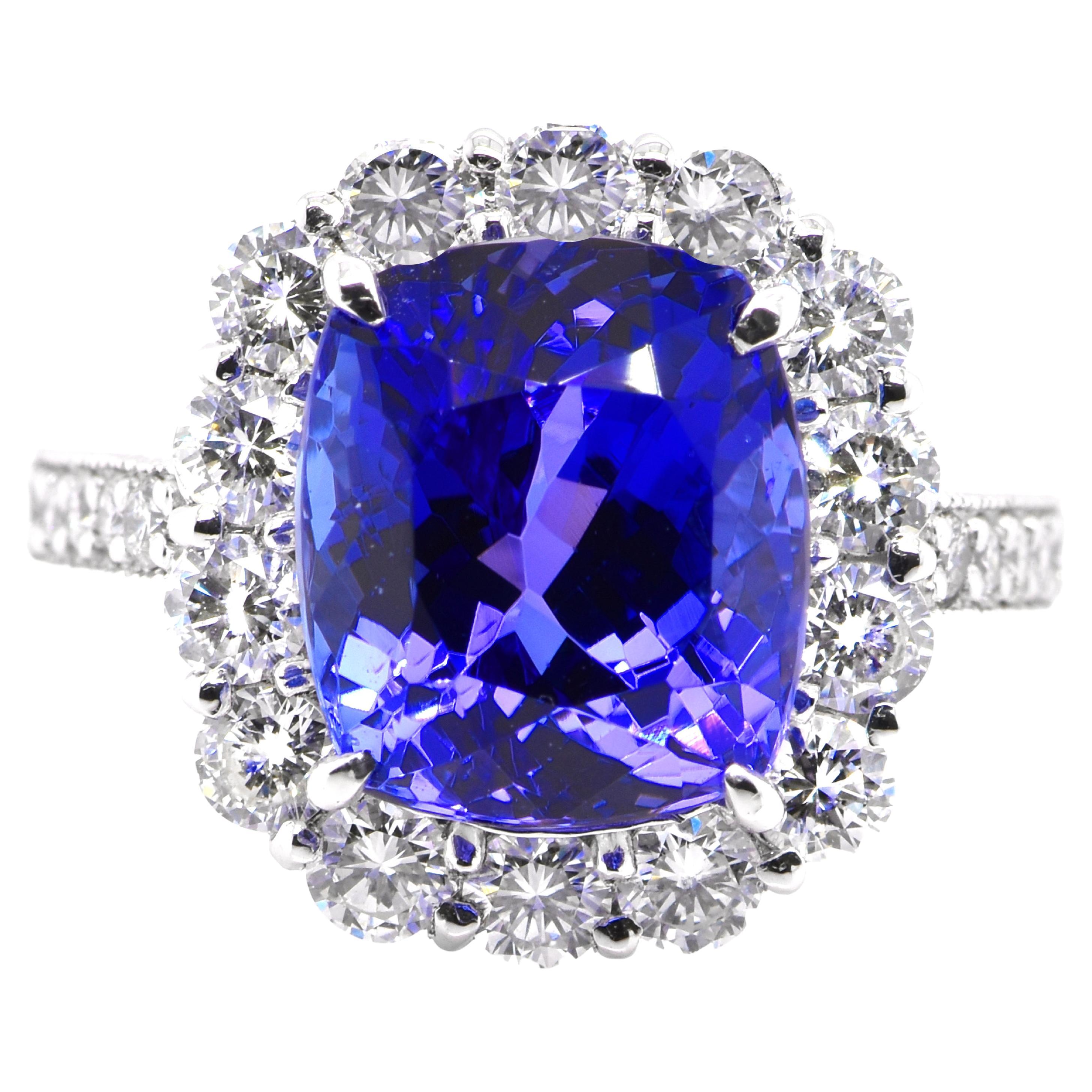 6.94 Carat Natural Cushion AAA+ Tanzanite and Diamond Ring Set in Platinum For Sale