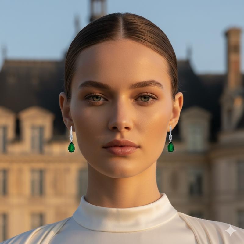 Donna Orecchini con smeraldo a forma di pera da 6,94 carati e 0,91 diamanti a raggiera rif. e540 in vendita