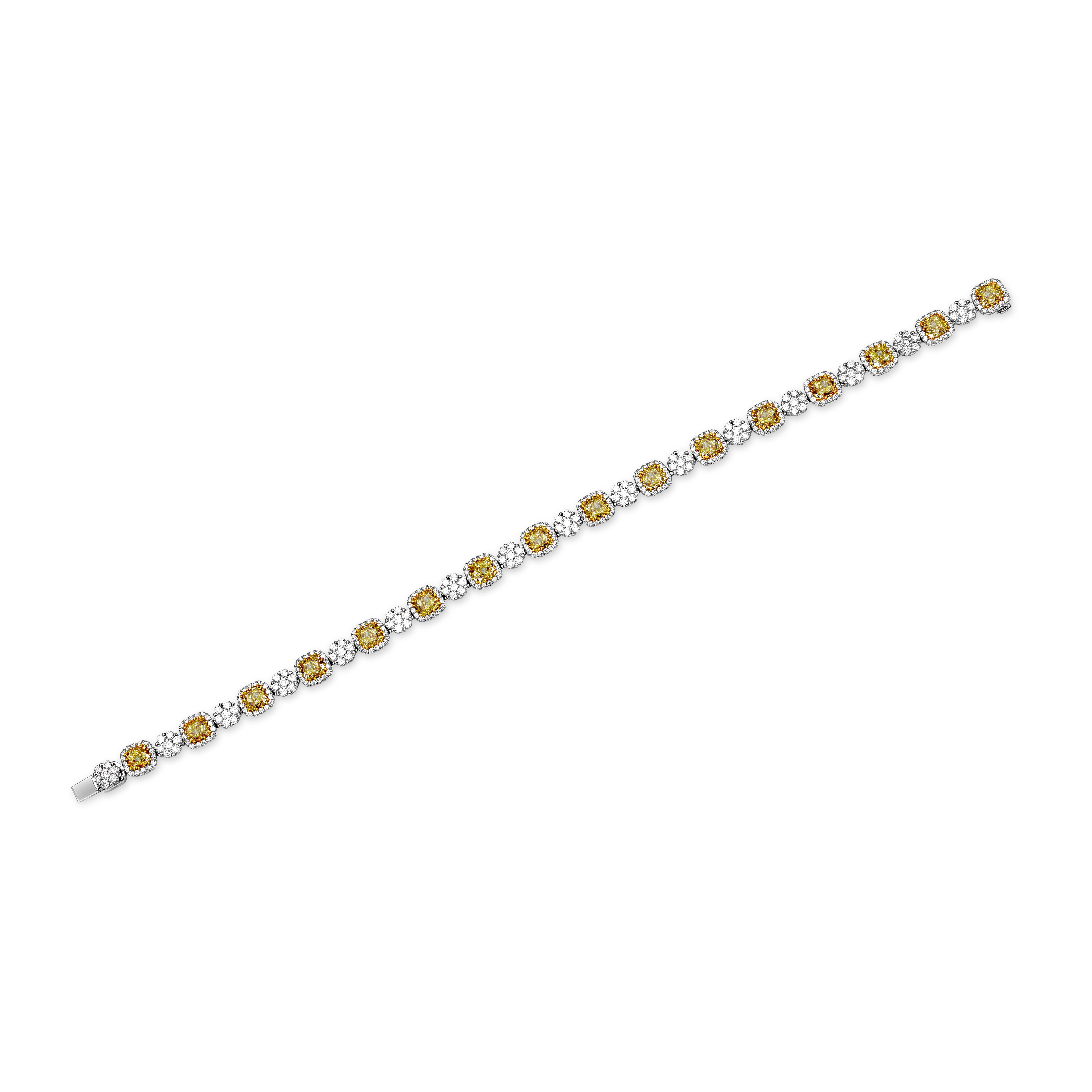 Bracelet set with 6.94 carats total cushion cut fancy yellow diamonds, VS in clarity, alternating with 3.10 carats total round brilliant diamonds, FG color and VS in clarity. Each cushion cut yellow diamonds are accented by a single row of round