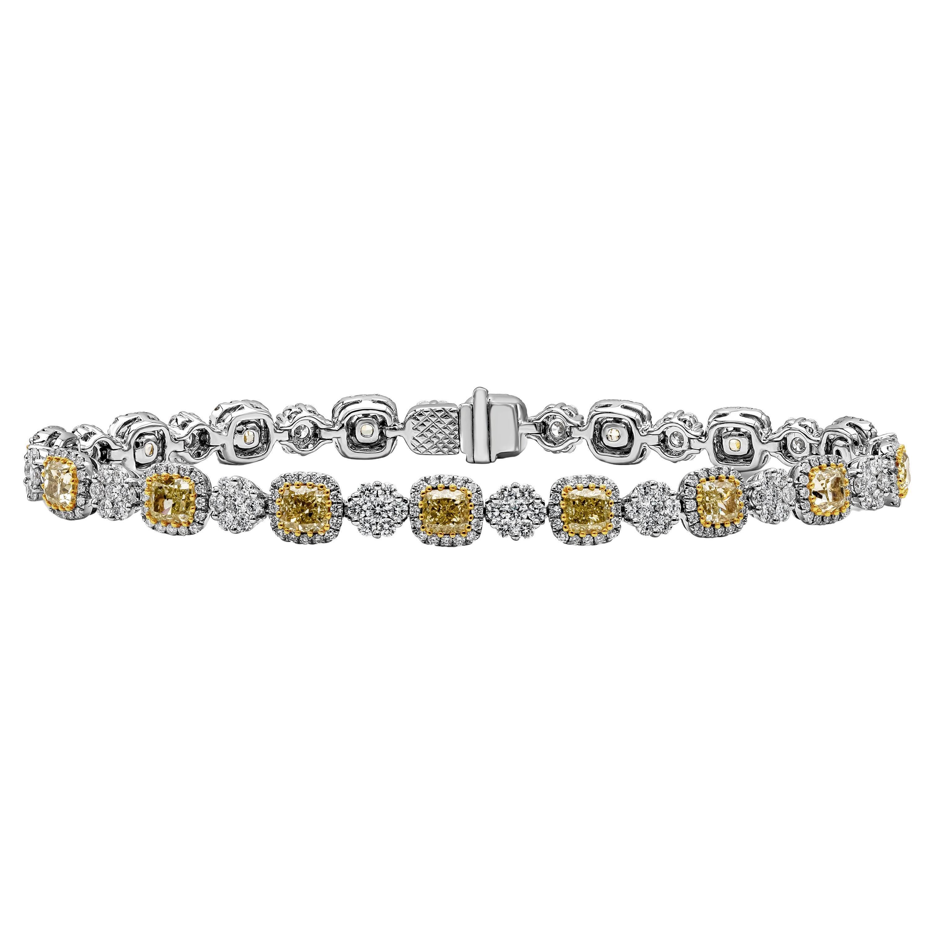 Roman Malakov 6.94 Carat Cushion Cut Fancy Yellow Diamond Halo Fashion Bracelet