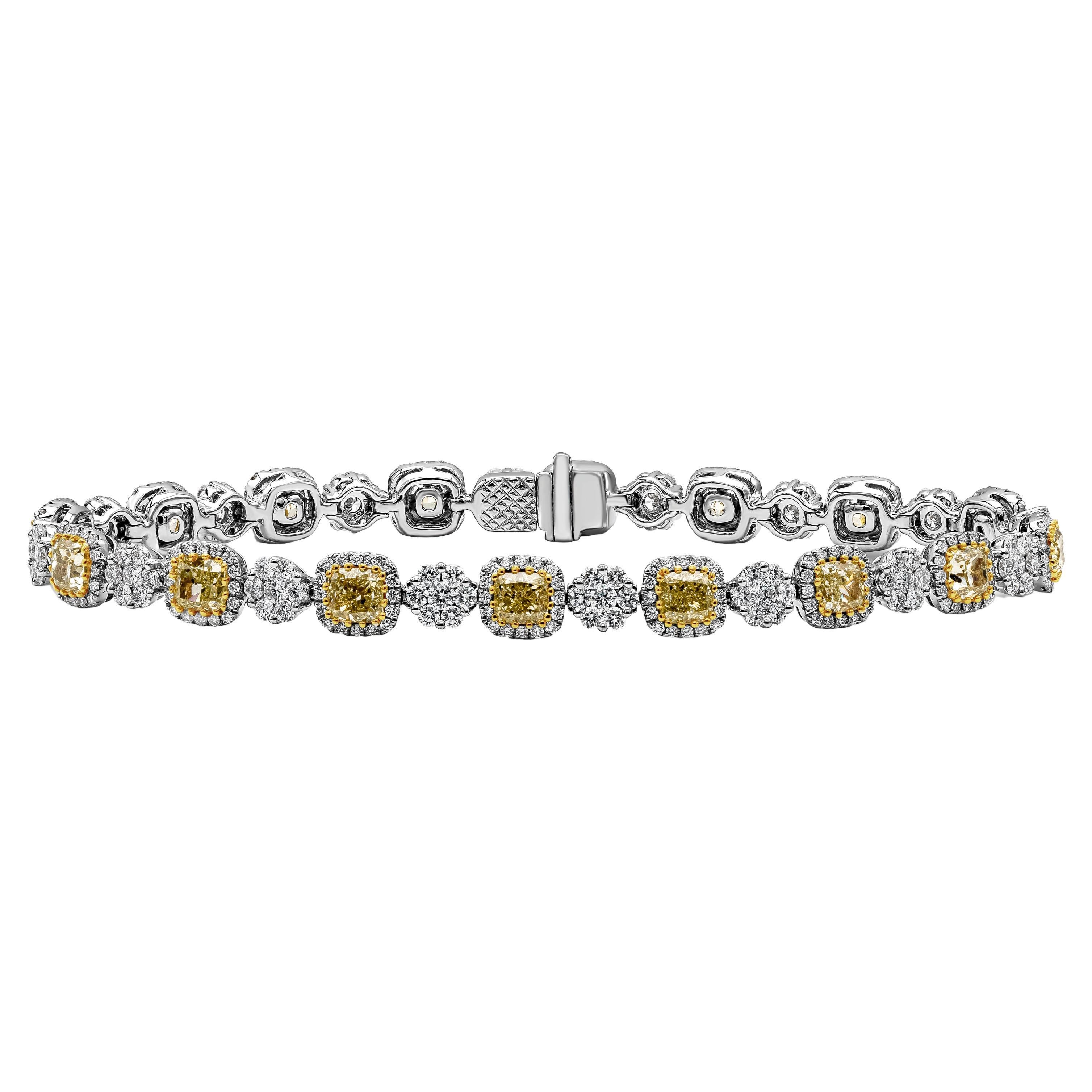 Roman Malakov 6.94 Carat Cushion Cut Fancy Yellow Color Diamond Halo Bracelet