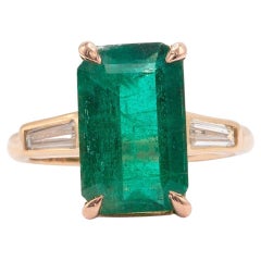 6.94 Carat Zambian Emerald 3 Stone Diamond Ring In 14k Yellow Gold
