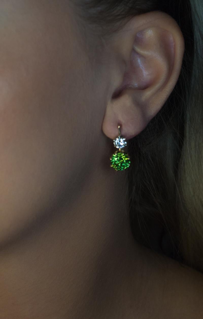 Contemporary 6.94 Carat Russian Demantoid and Diamond Earrings For Sale