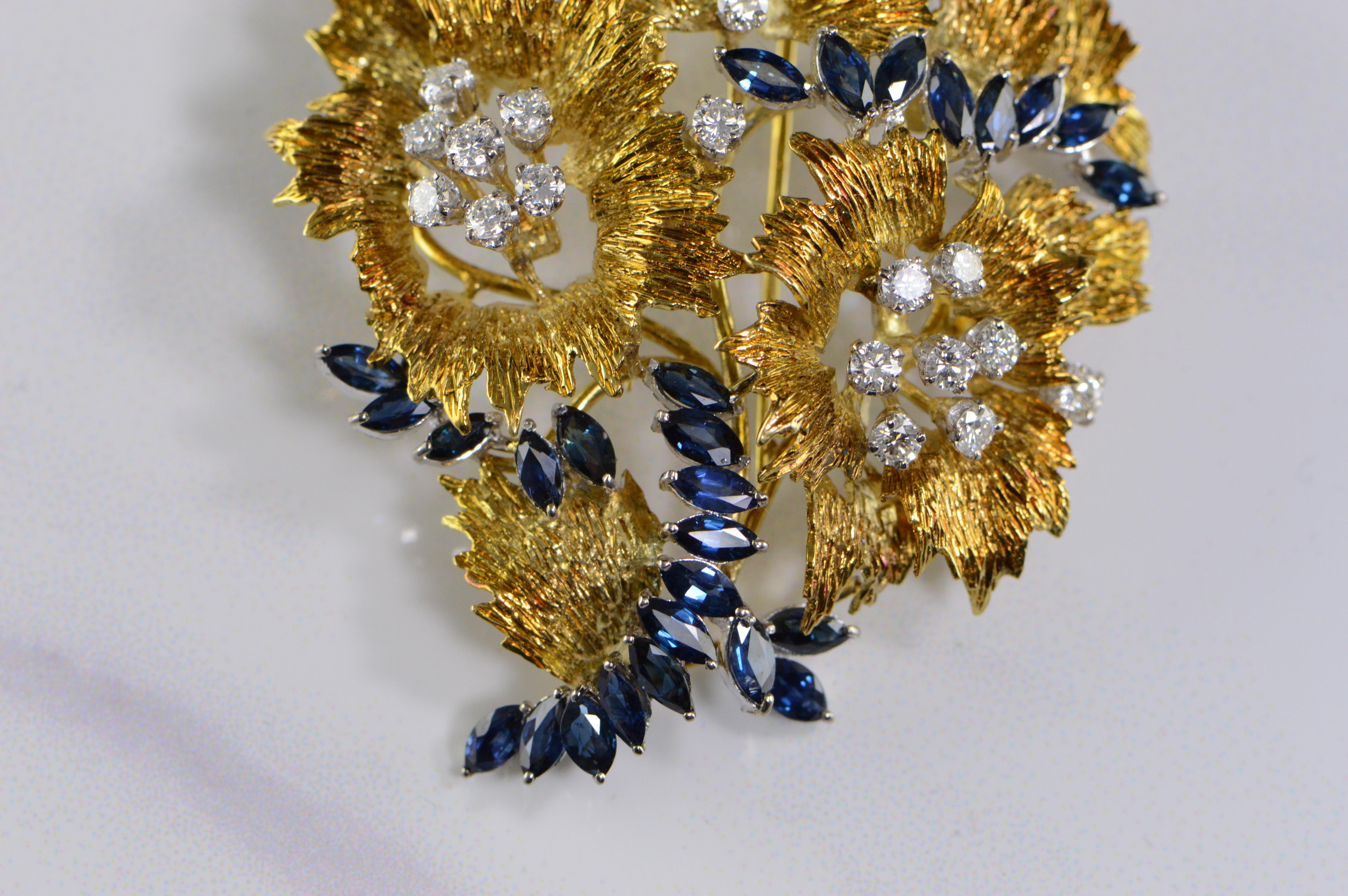 Retro 6.94 Carat Marquise Sapphire Diamond Floral Gold Pin/Brooch For Sale