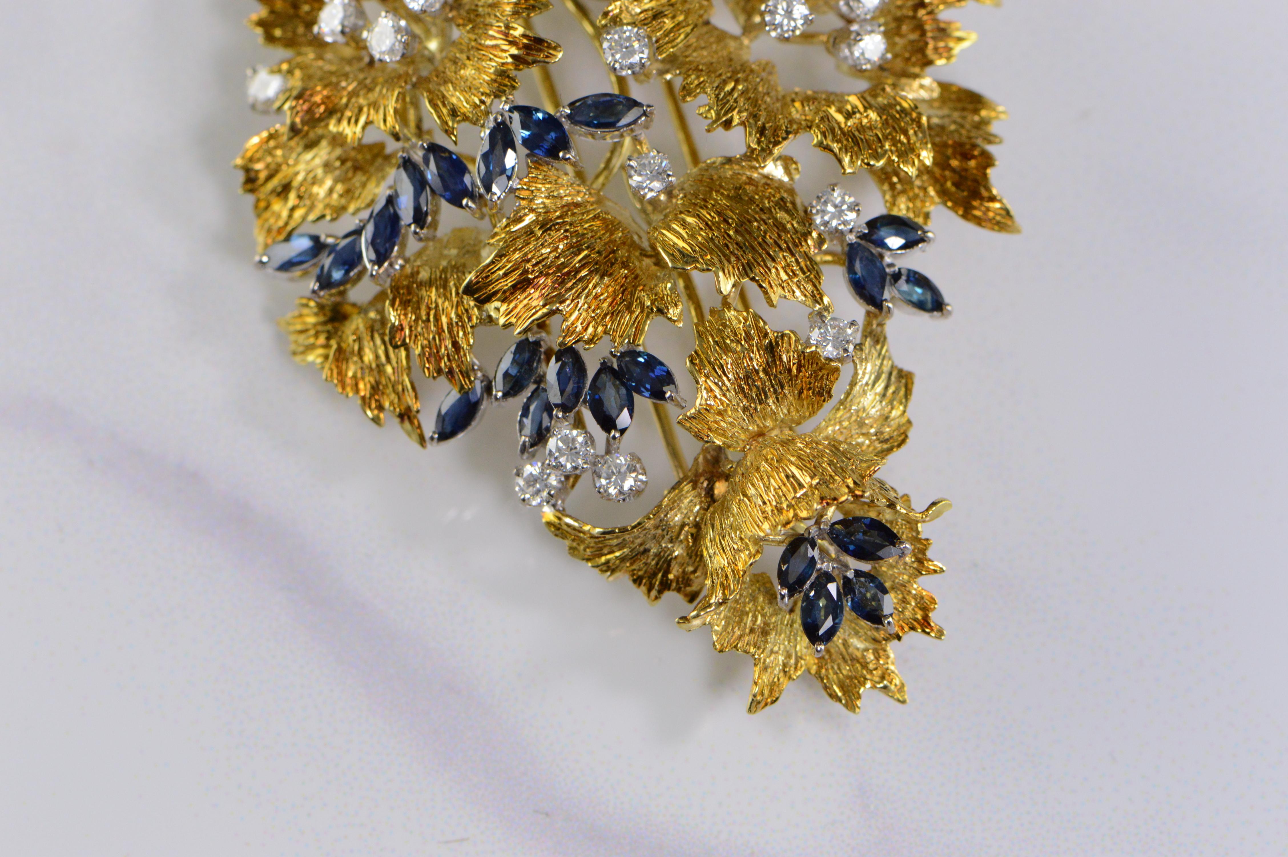 6.94 Carat Marquise Sapphire Diamond Floral Gold Pin/Brooch In Excellent Condition For Sale In Frederick, MD