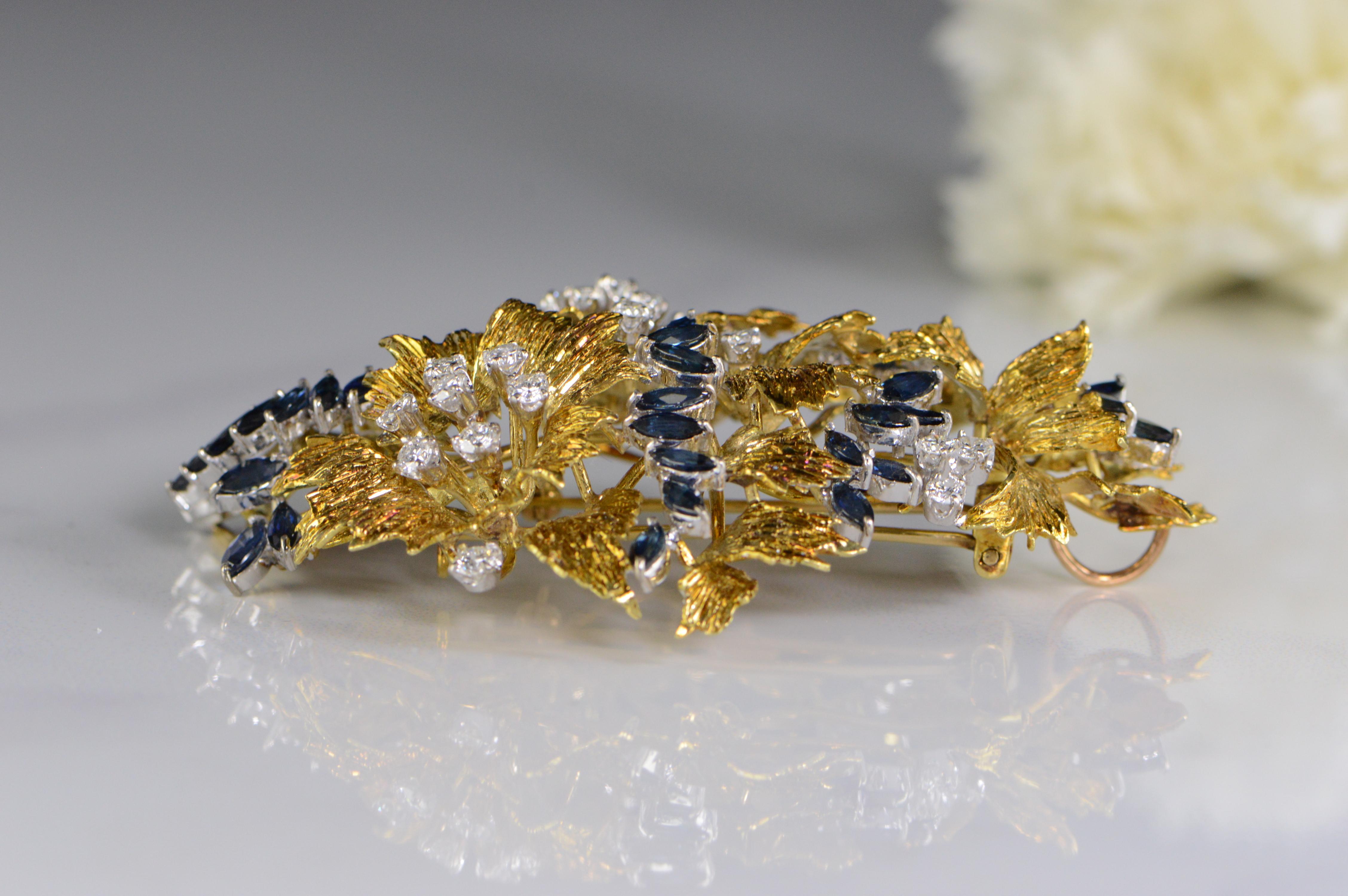 Women's 6.94 Carat Marquise Sapphire Diamond Floral Gold Pin/Brooch For Sale