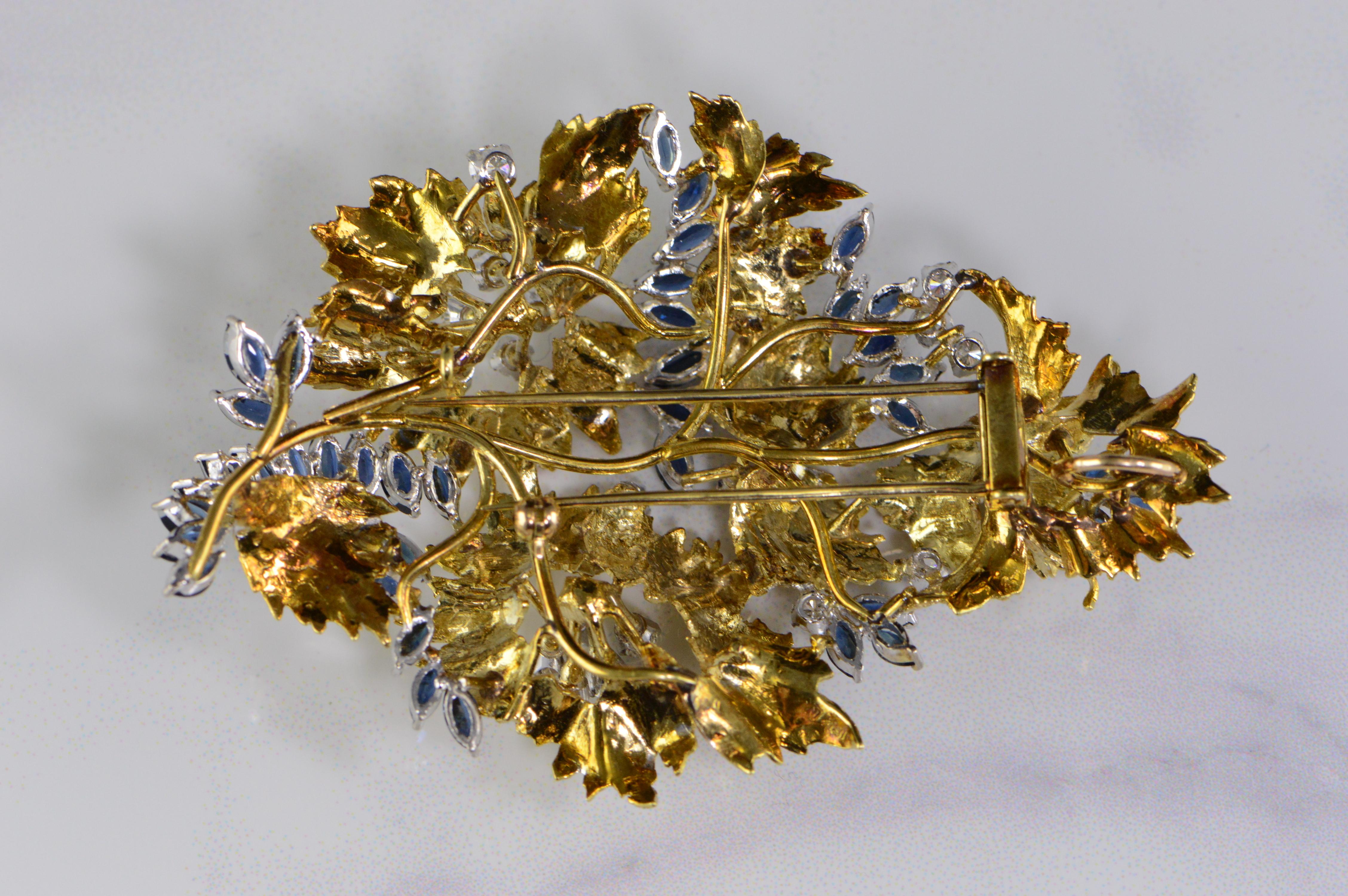6.94 Carat Marquise Sapphire Diamond Floral Gold Pin/Brooch For Sale 1