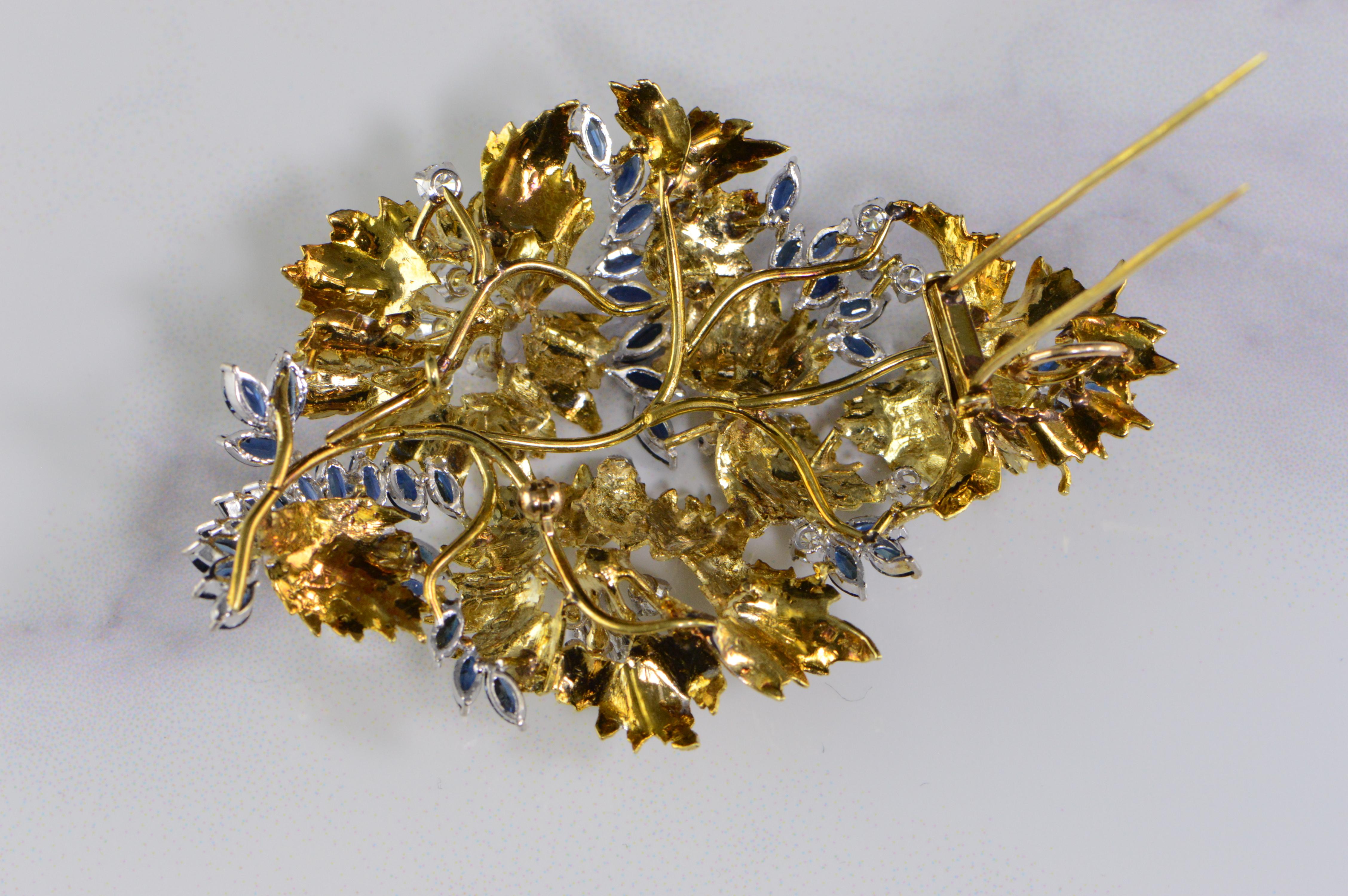 6.94 Carat Marquise Sapphire Diamond Floral Gold Pin/Brooch For Sale 2