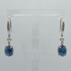 6.94ct Cabochon Blue Sapphire Diamond Dangling Earrings in 18K White Gold