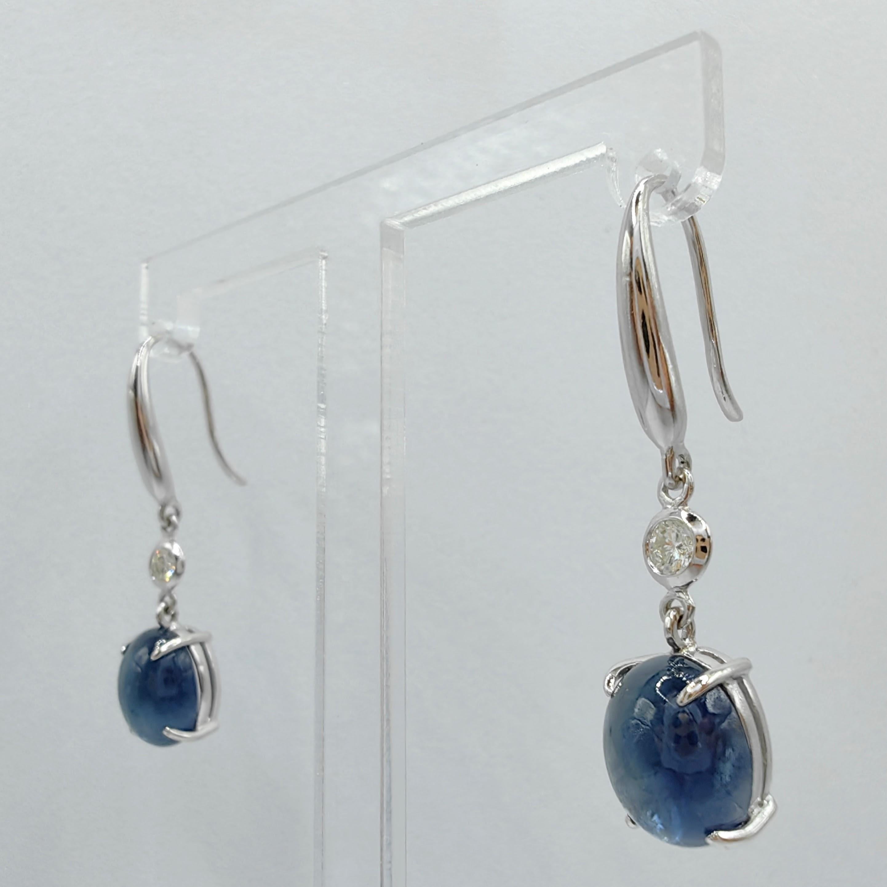 Contemporary 6.94ct Cabochon Blue Sapphire Diamond Dangling Earrings in 18K White Gold For Sale
