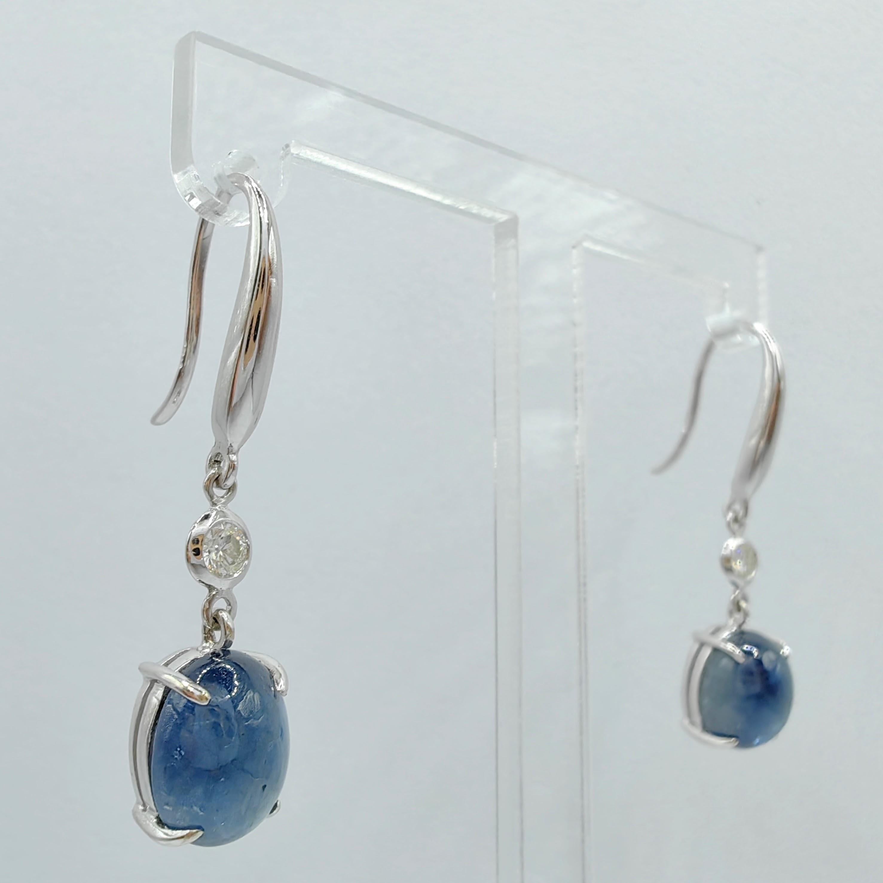 6.94ct Cabochon Blue Sapphire Diamond Dangling Earrings in 18K White Gold In New Condition For Sale In Wan Chai District, HK