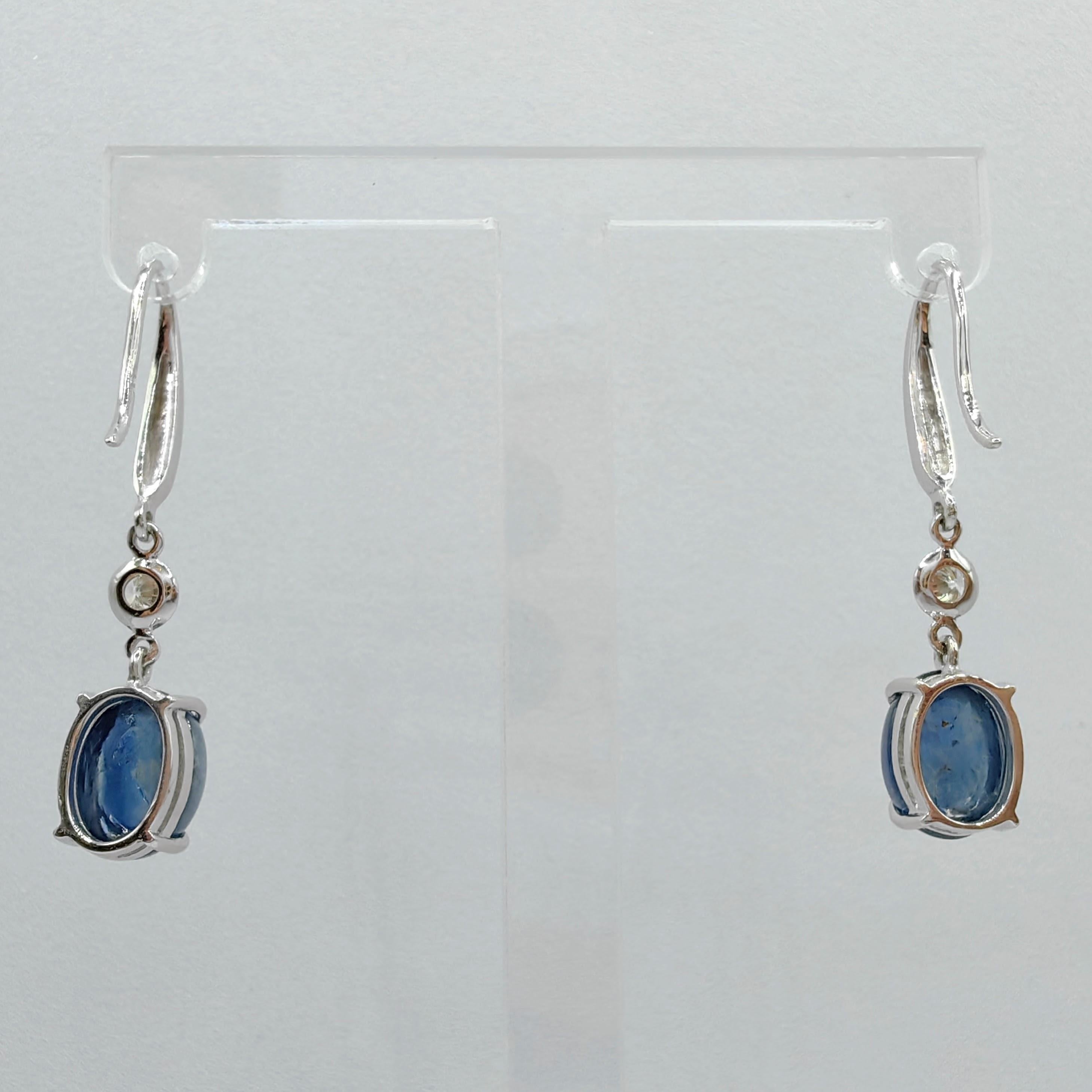 Women's 6.94ct Cabochon Blue Sapphire Diamond Dangling Earrings in 18K White Gold For Sale