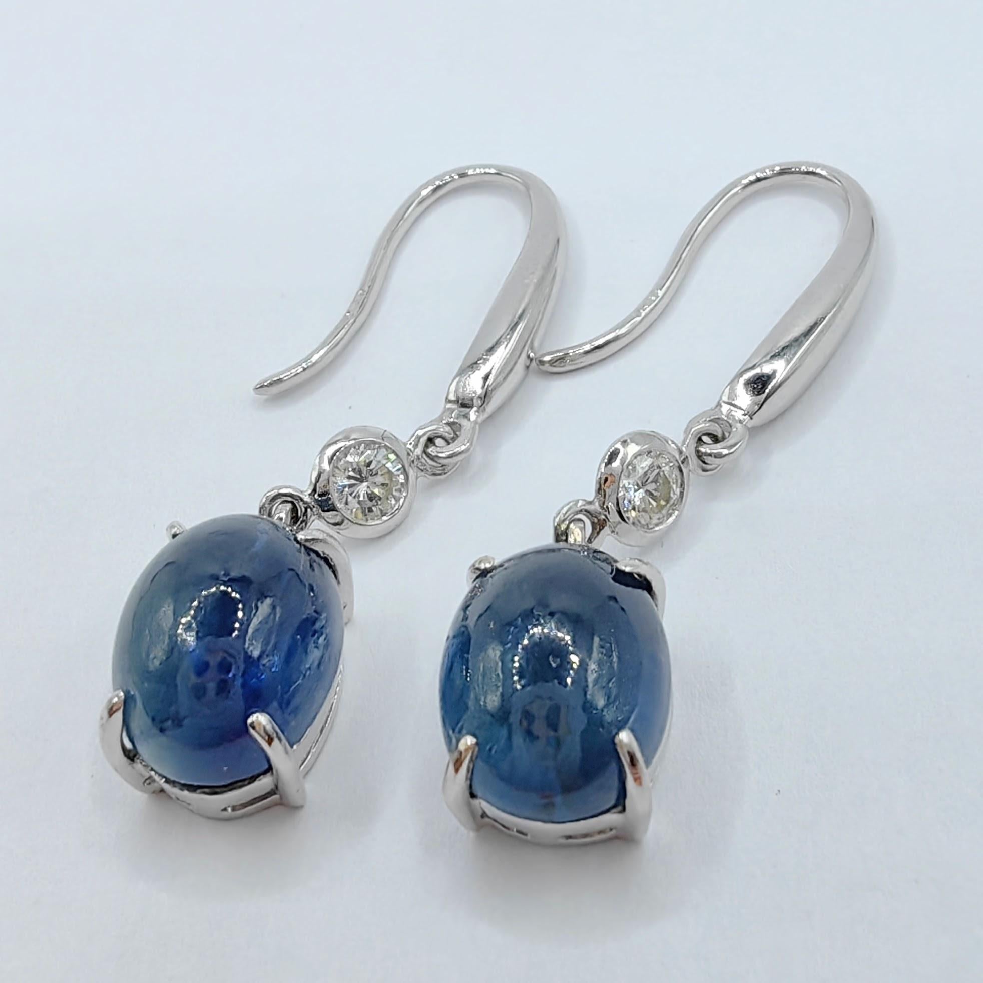 6.94ct Cabochon Blue Sapphire Diamond Dangling Earrings in 18K White Gold For Sale 1