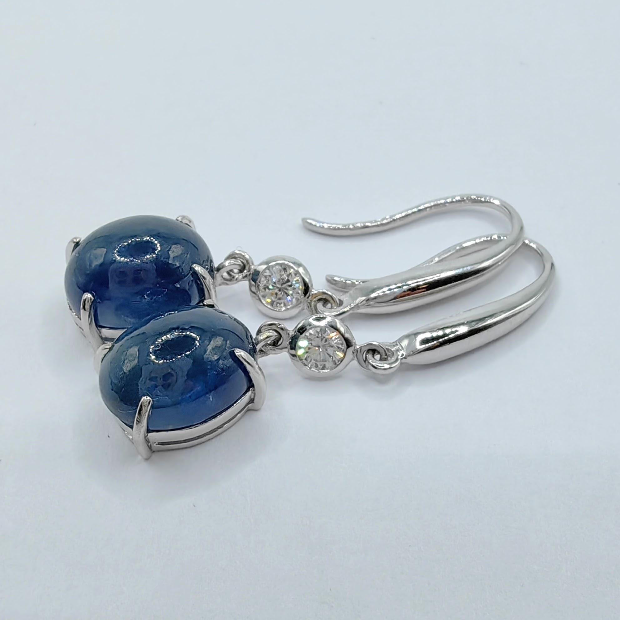 6.94ct Cabochon Blue Sapphire Diamond Dangling Earrings in 18K White Gold For Sale 2