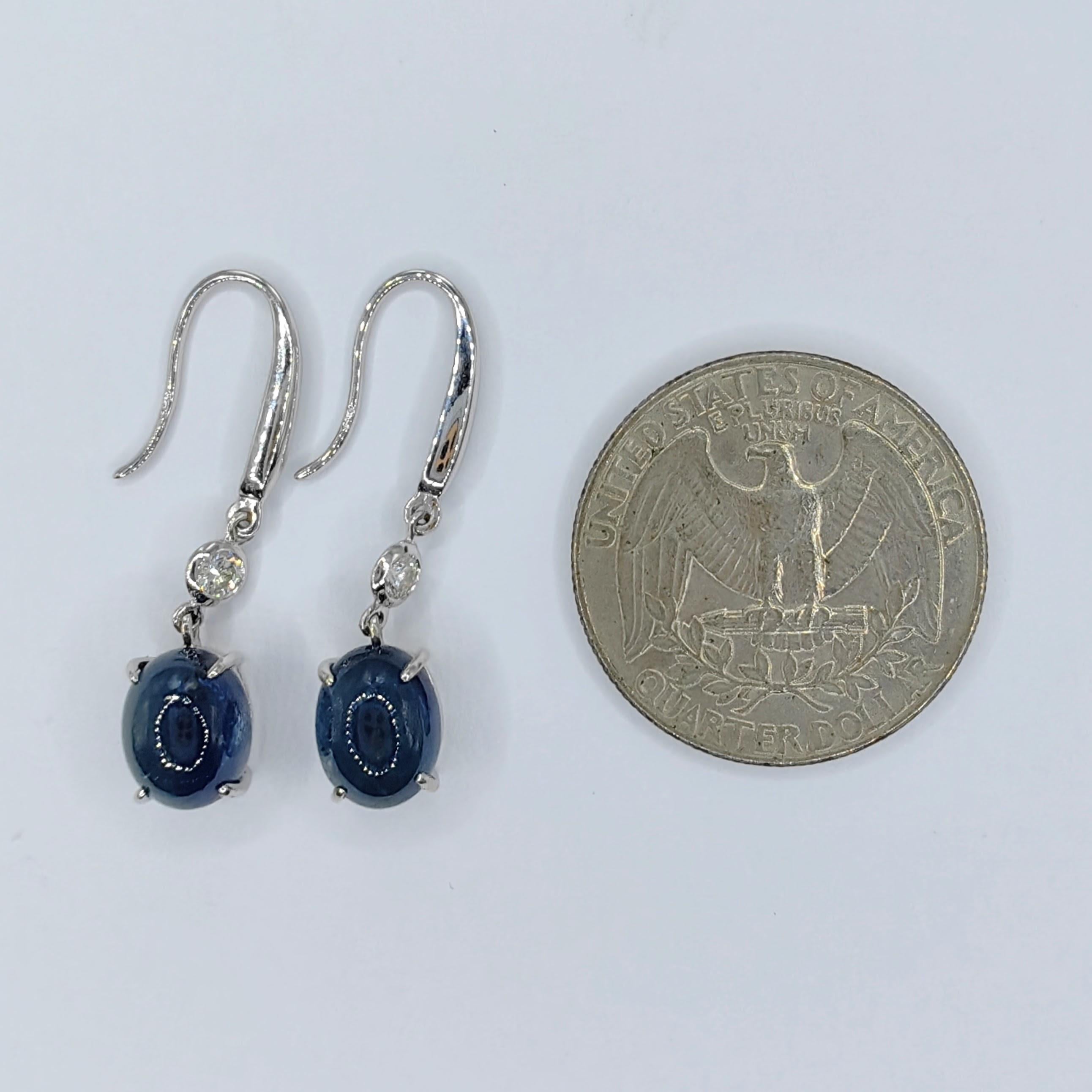 6.94ct Cabochon Blue Sapphire Diamond Dangling Earrings in 18K White Gold For Sale 3