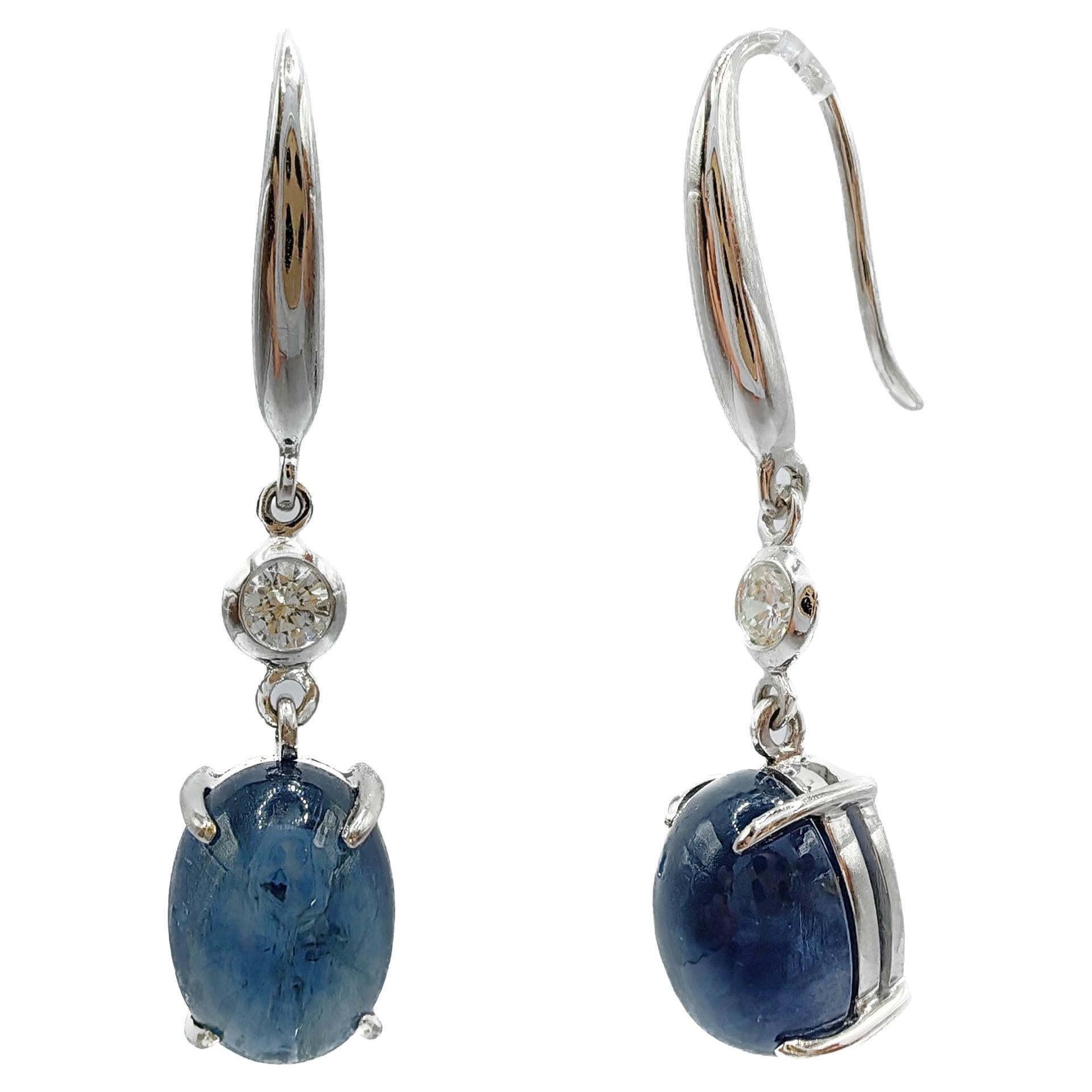 6.94ct Cabochon Blue Sapphire Diamond Dangling Earrings in 18K White Gold For Sale