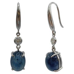 6.94ct Cabochon Blue Sapphire Diamond Dangling Earrings in 18K White Gold