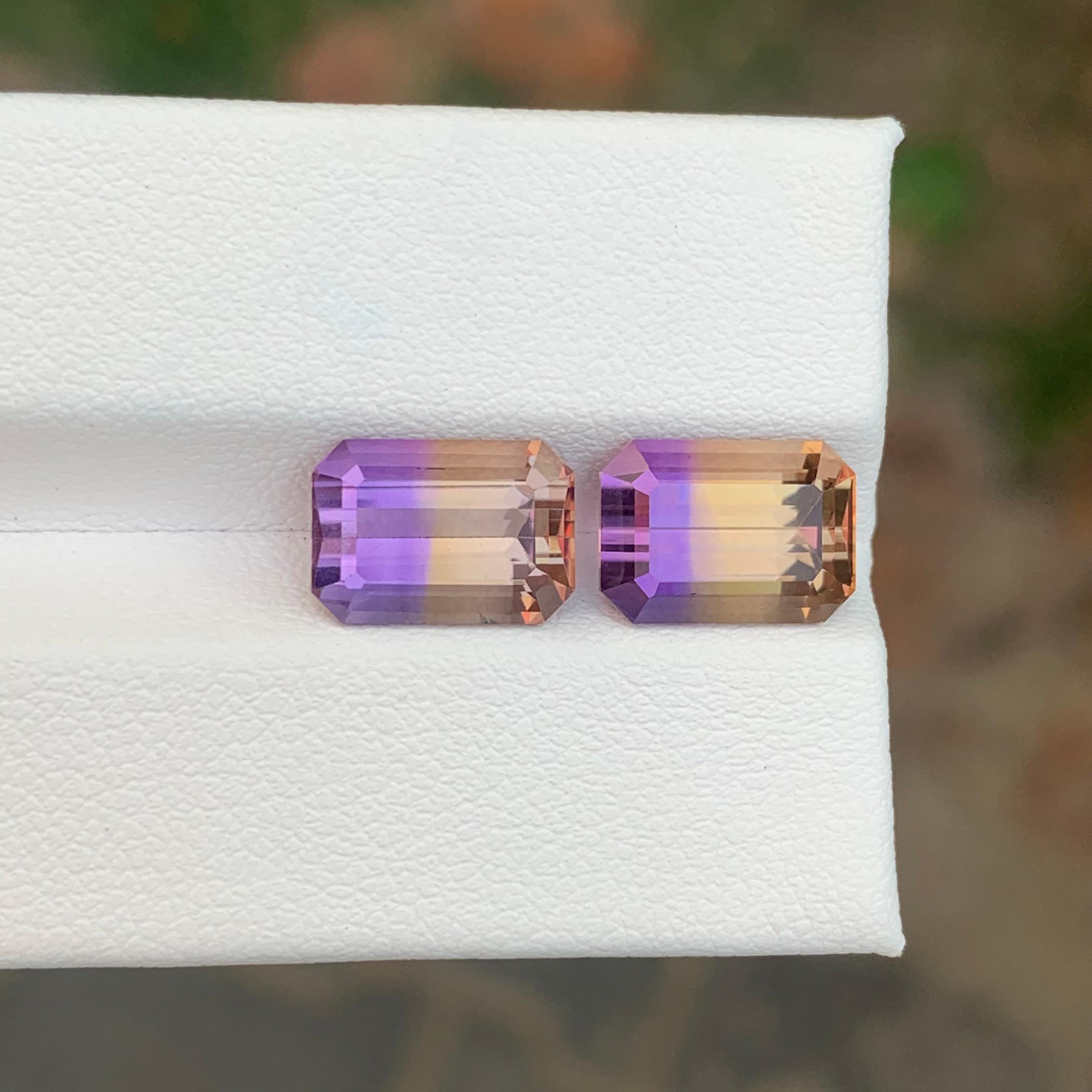 Faceted Ametrine Pair

Weight: 13.85 Carats
Dimension: 10.5 x 7.4 x 5.9 Mm 
Cut: Emerald 
Color: Purple & Yellow
Treatment: Non
Certificate: On Client Demand
.
Ametrine is a unique and striking gemstone that combines both amethyst and citrine in a