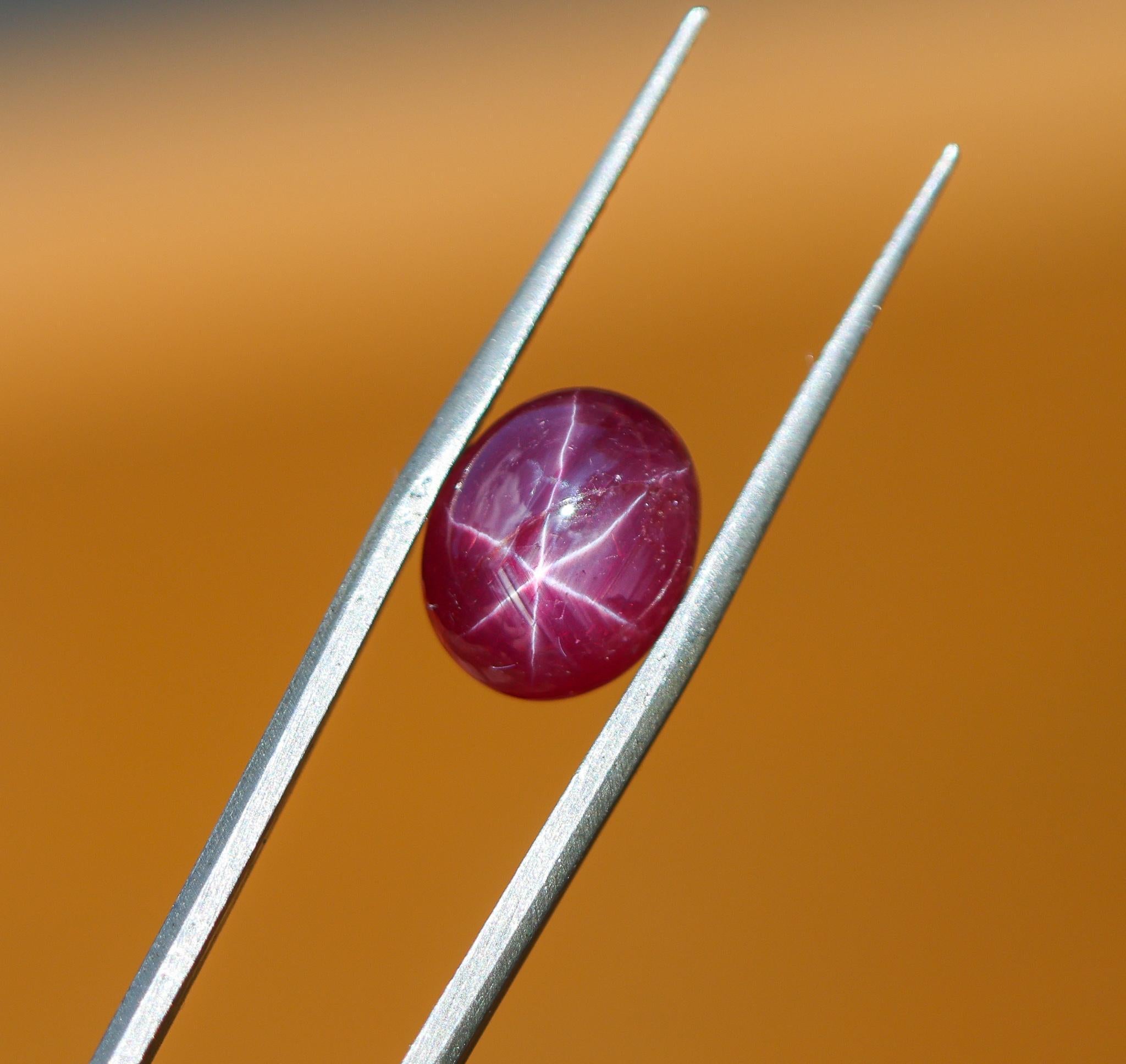 NNJ Designs präsentiert einen 6.95 Karat ovalen Star Ruby als losen Edelstein! Ein Sternrubin ist eine Edelsteinart, die bei Lichteinfall einen sechsstrahligen Stern zeigt. Sternrubine sind einzigartige und mystische Edelsteine. Dieser Edelstein ist
