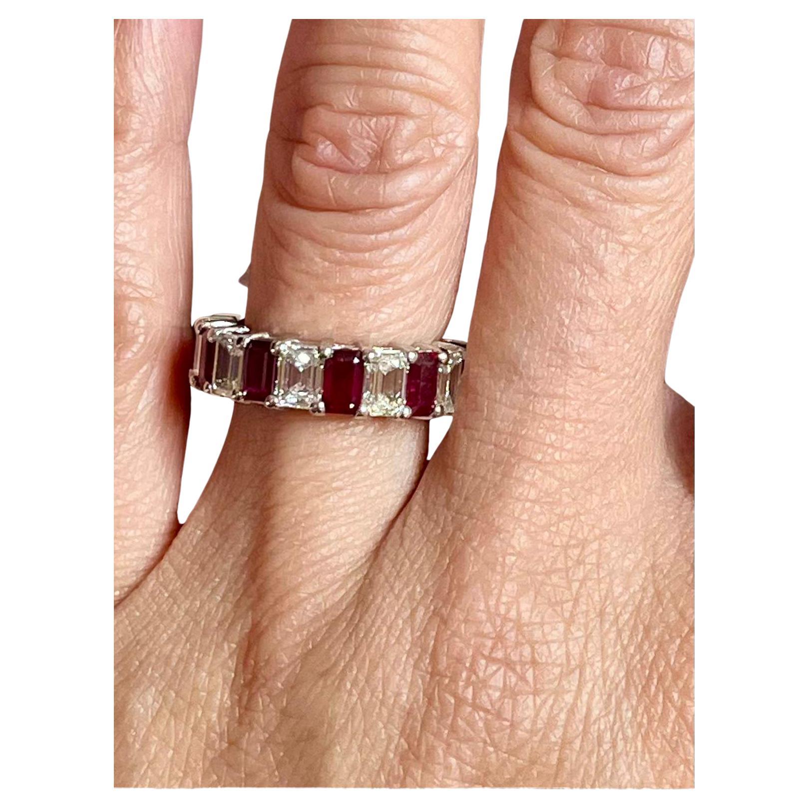 6.95 ct Emerald Cut Ruby & Diamond Band For Sale