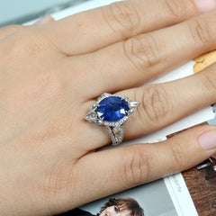 6.95 ct Oval Cut Ceylon Blue Sapphire Ring With Diamonds Made In 18k White Gold