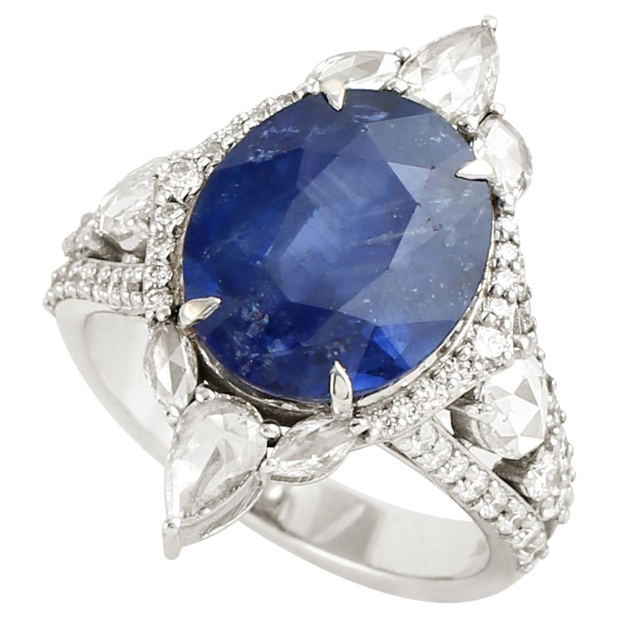 6.95 ct Oval Cut Ceylon Blue Sapphire Ring With Diamonds Made In 18k White Gold