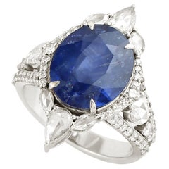 6.95 ct Oval Cut Ceylon Blue Sapphire Ring With Diamonds Made In 18k White Gold