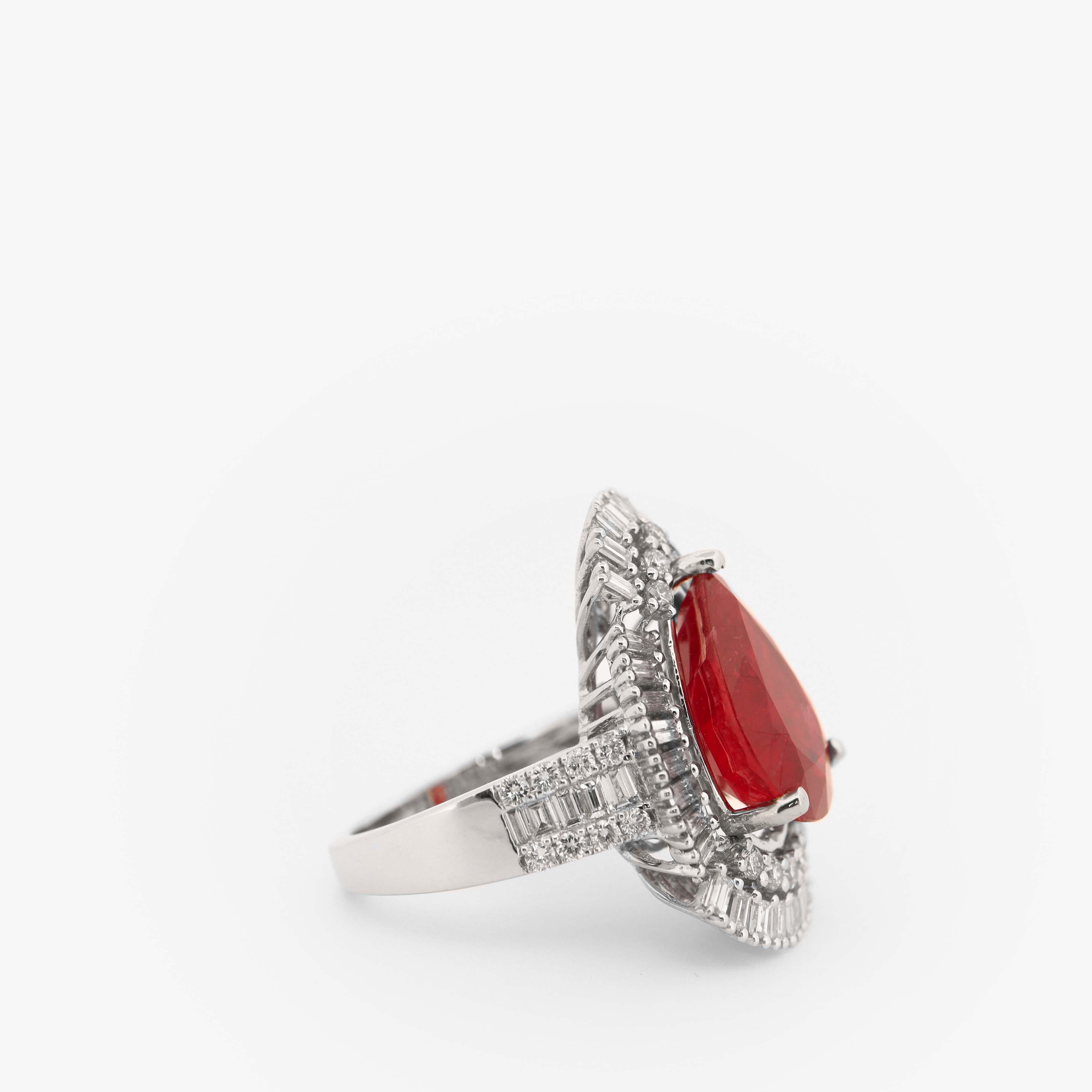 Art Deco 6.95 Carat Pear Shaped Ruby and Diamond Ring For Sale