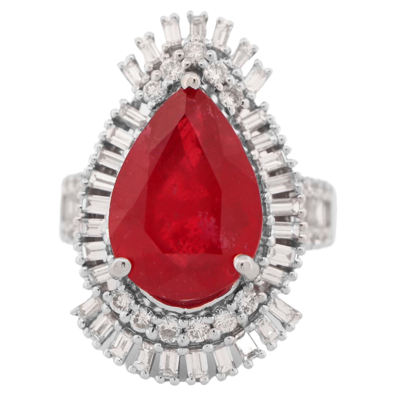 6.95 Carat Pear Shaped Ruby and Diamond Ring For Sale