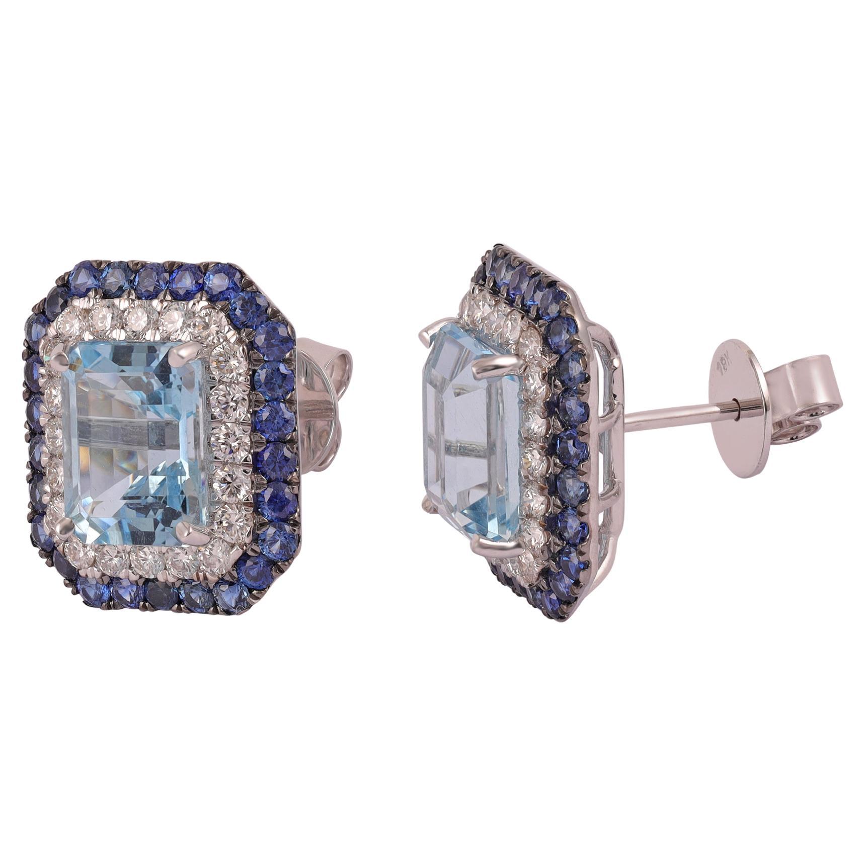 6.95 Cts Aquamarine & Sapphire Stud Earring with Diamond in 18 Karat White Gold For Sale