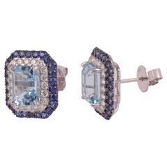 6.95 Cts Aquamarine & Sapphire Stud Earring with Diamond in 18 Karat White Gold