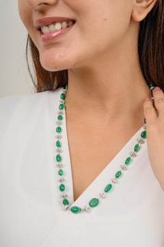 69.55 CTW Tumble Emerald Beaded Necklace with Diamonds in 18k Solid White Gold