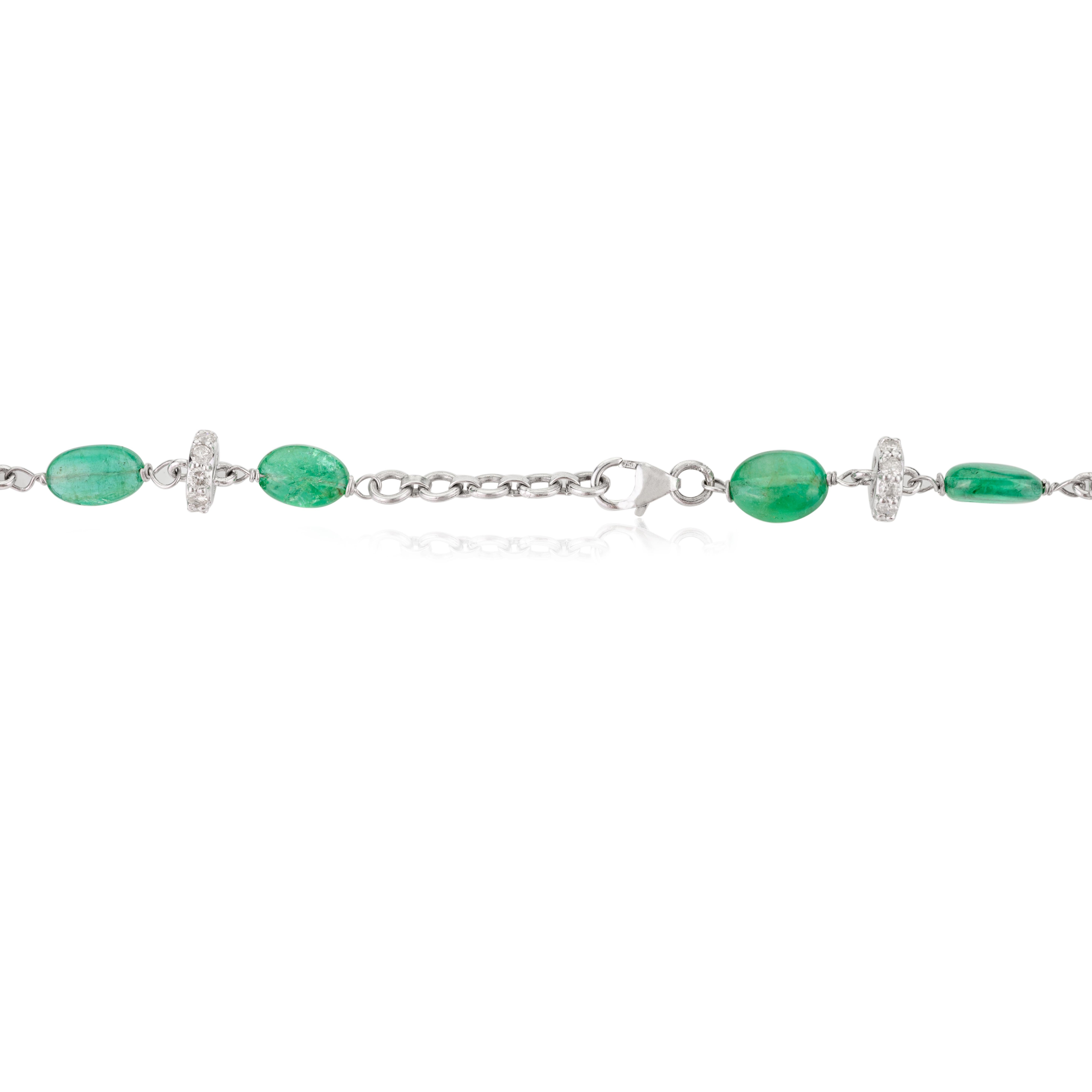 69,55 CTW Tumble Emerald Collana di perline con diamanti in oro bianco massiccio 18k in vendita 1