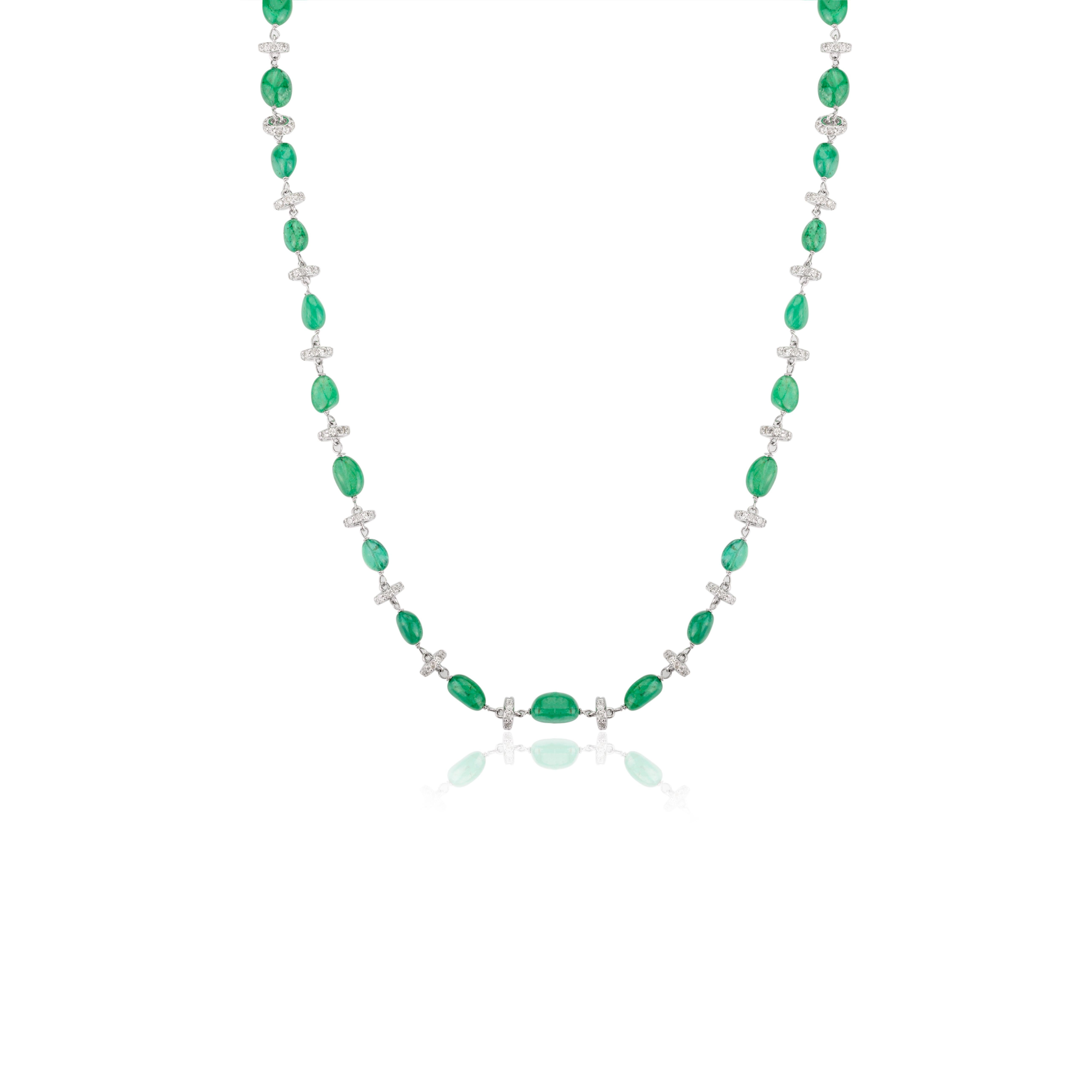 69,55 CTW Tumble Emerald Collana di perline con diamanti in oro bianco massiccio 18k in vendita 3
